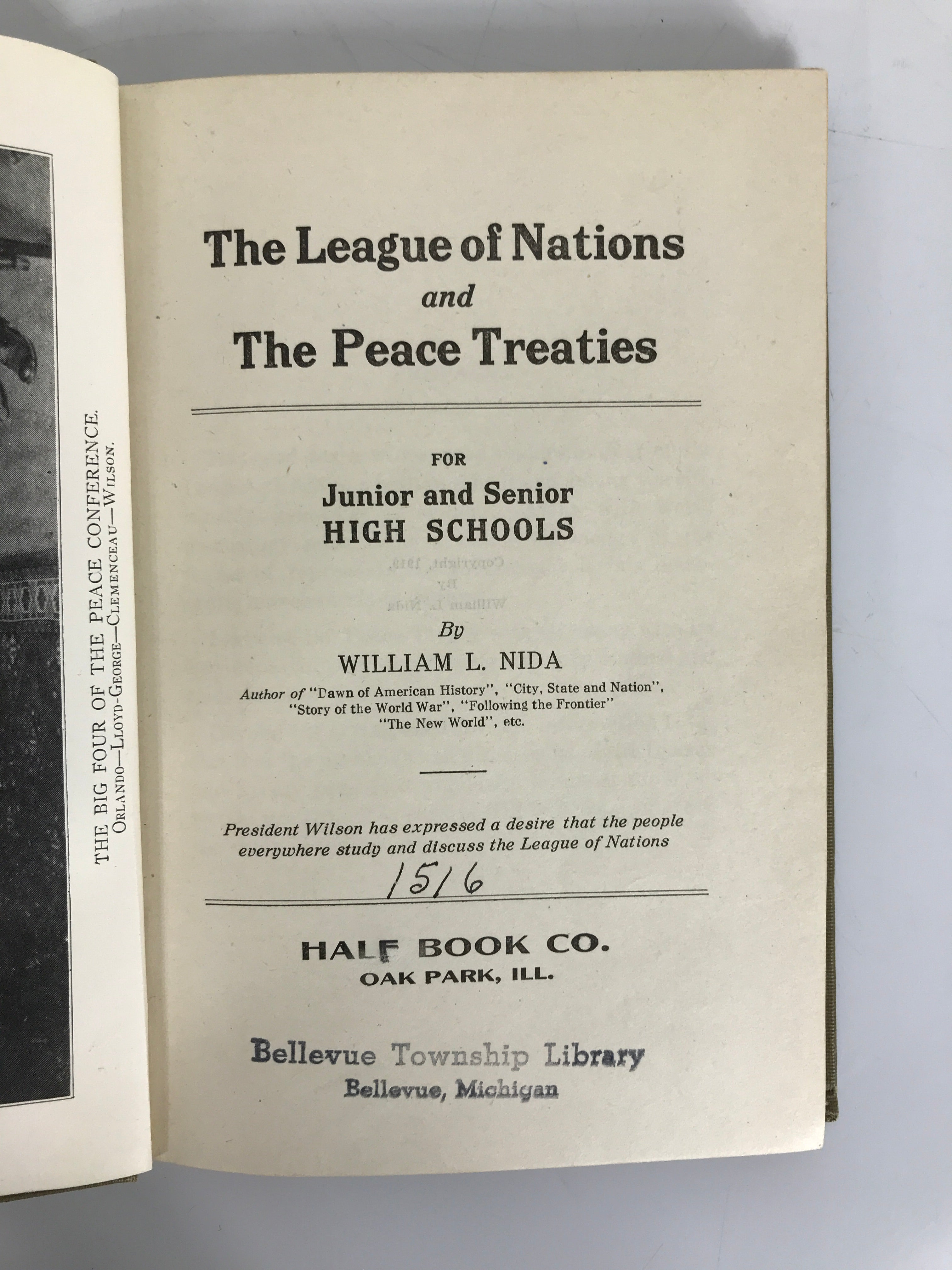 The League of Nations &The Peace Treaties by Nida 1919 HC Ex-Lib