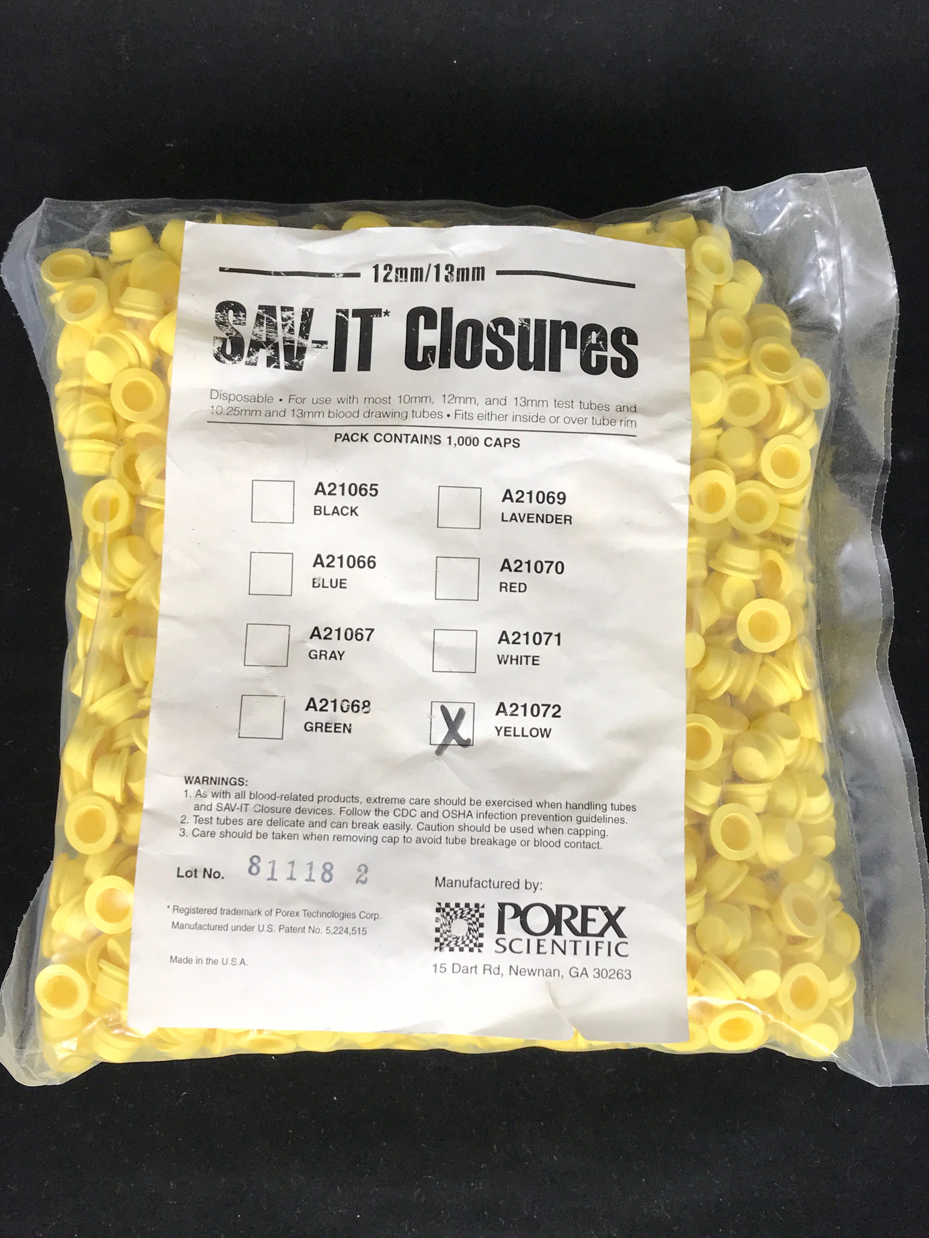 Pack of 1,000 Porex Scientific SAV-IT Closures 12mm/13mm Yellow Test Tube Caps