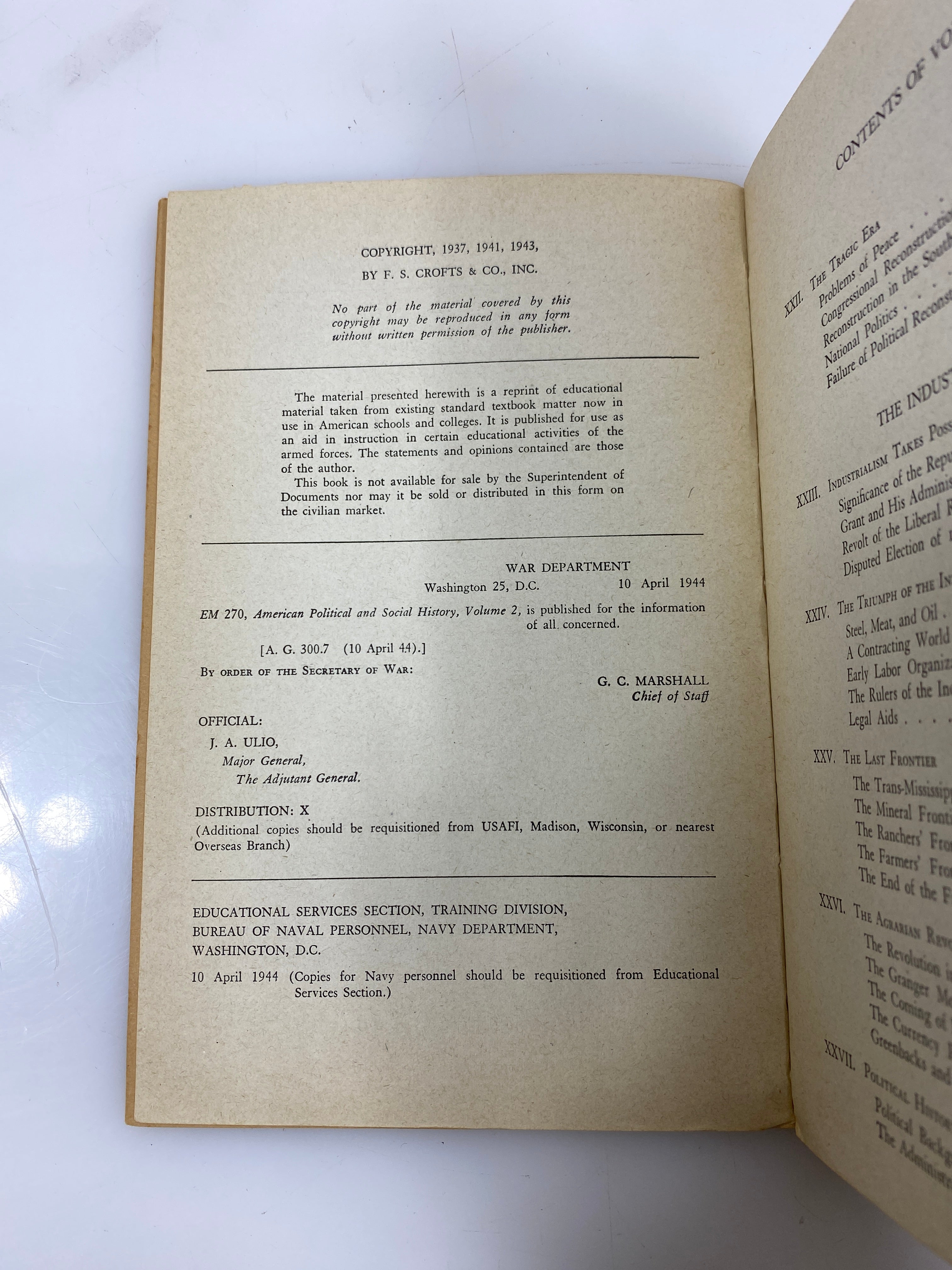 Set of 2: American Political and Social History Vol 1-2 War Department 1943 SC