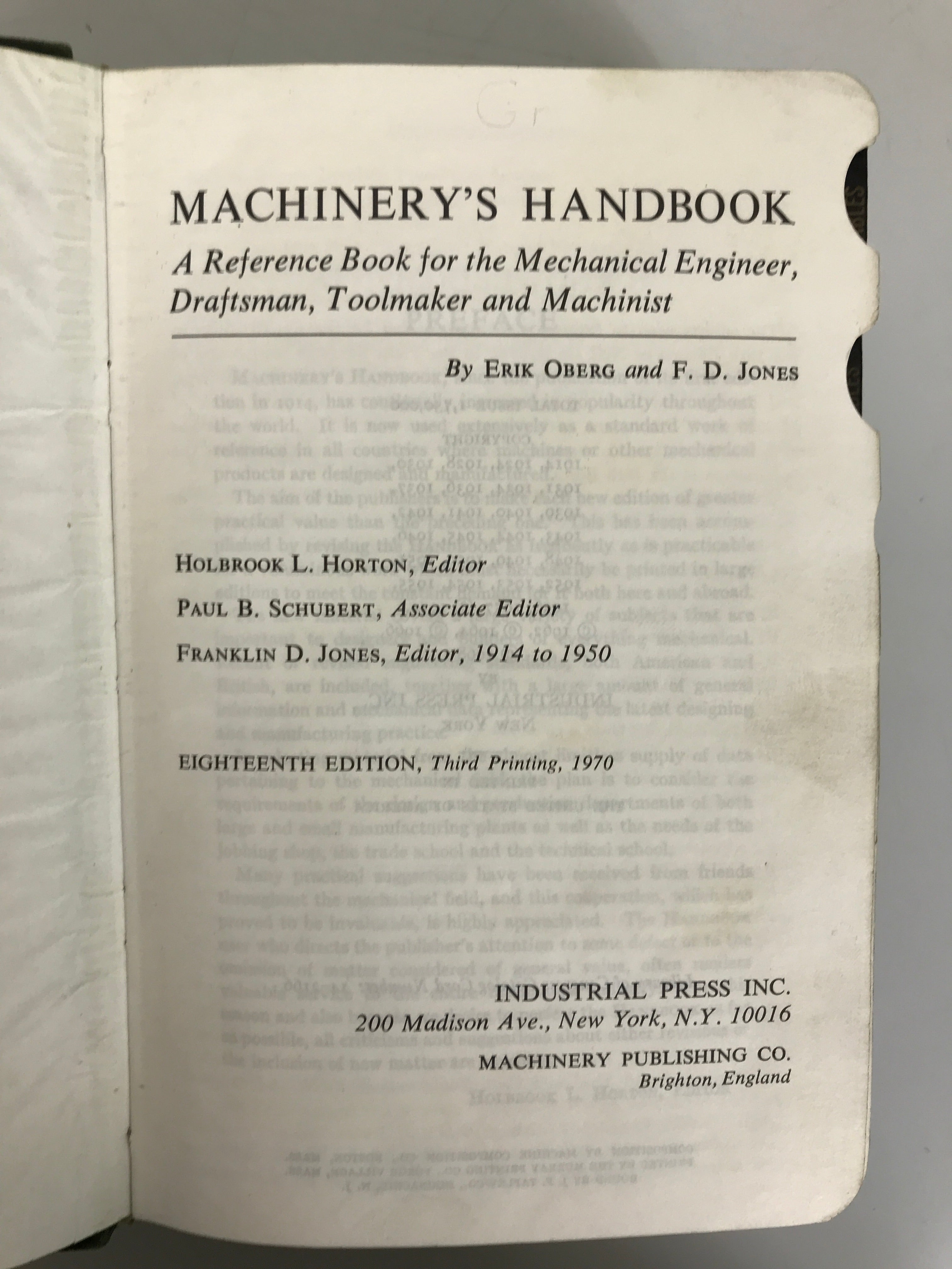 Machinery's Handbook 1968 18th Edition by Erik Oberg & F.D. Jones SC Thumb Index