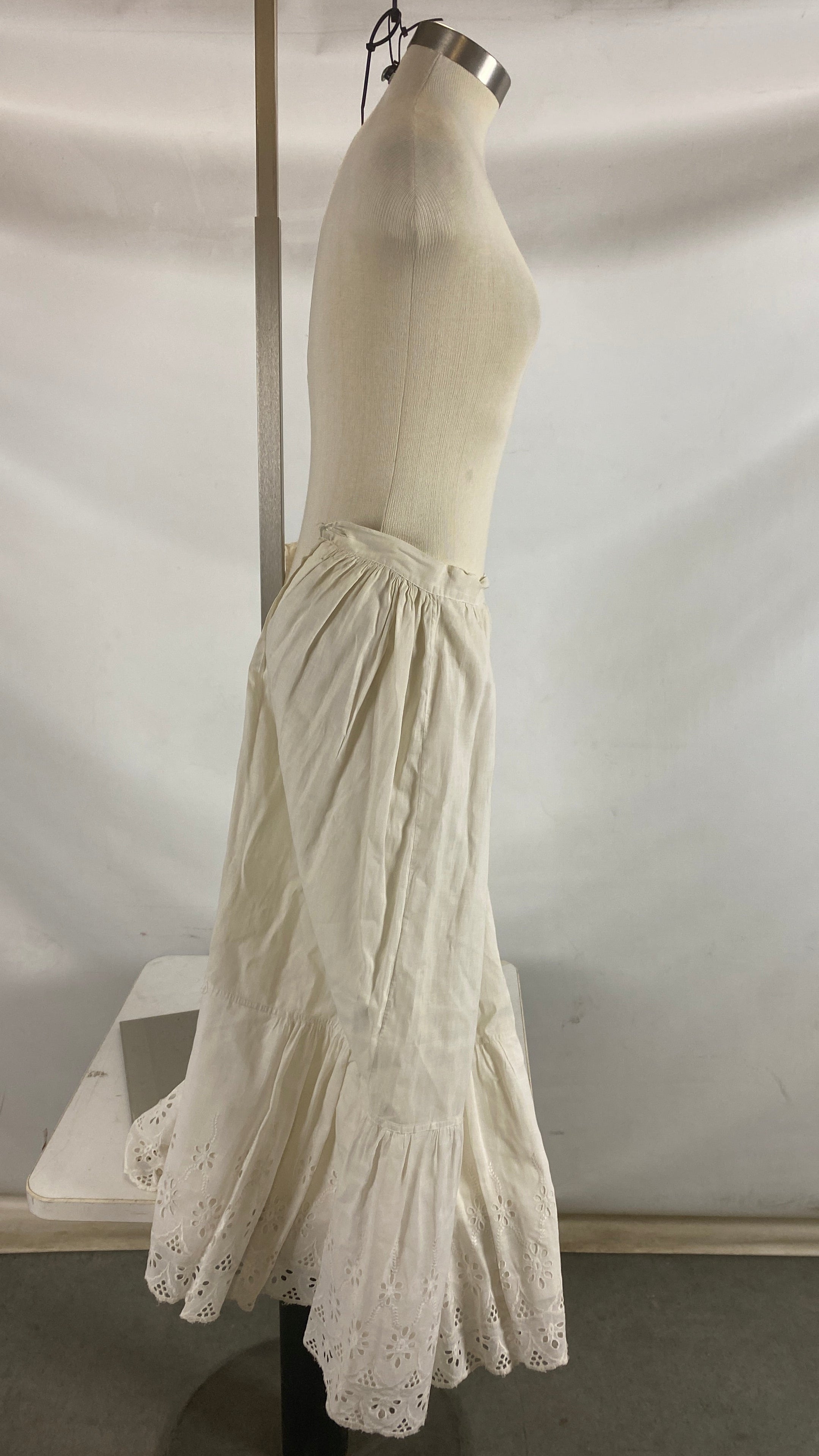 Vintage 1900s White Linen Petticoat with Eyelet Lace Details Size Unknown