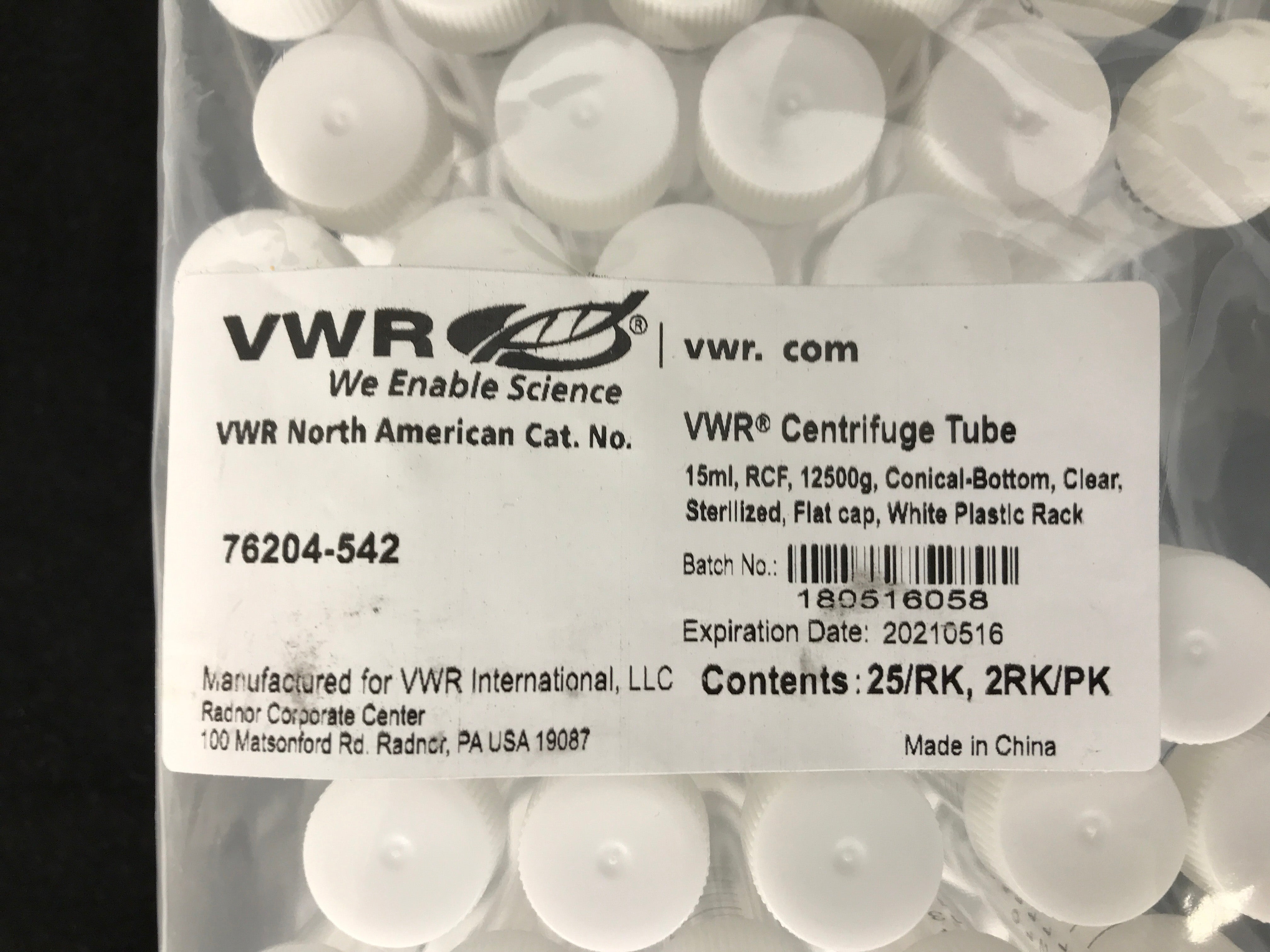 VWR 15mL Centrifuge Tubes with Caps Sealed Pack of 50