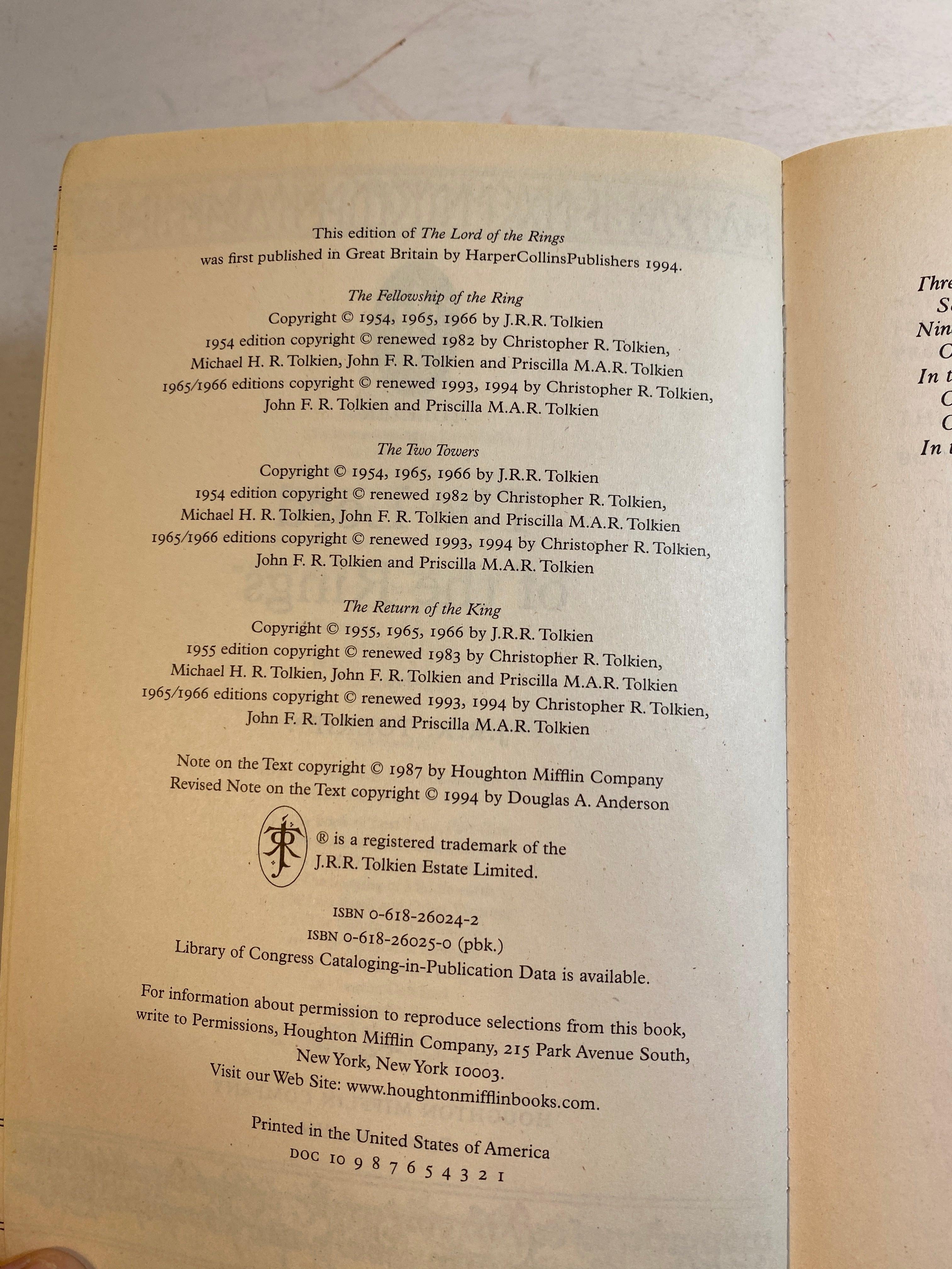 Lord of the Rings Trilogy JRR Tolkien SC 1994