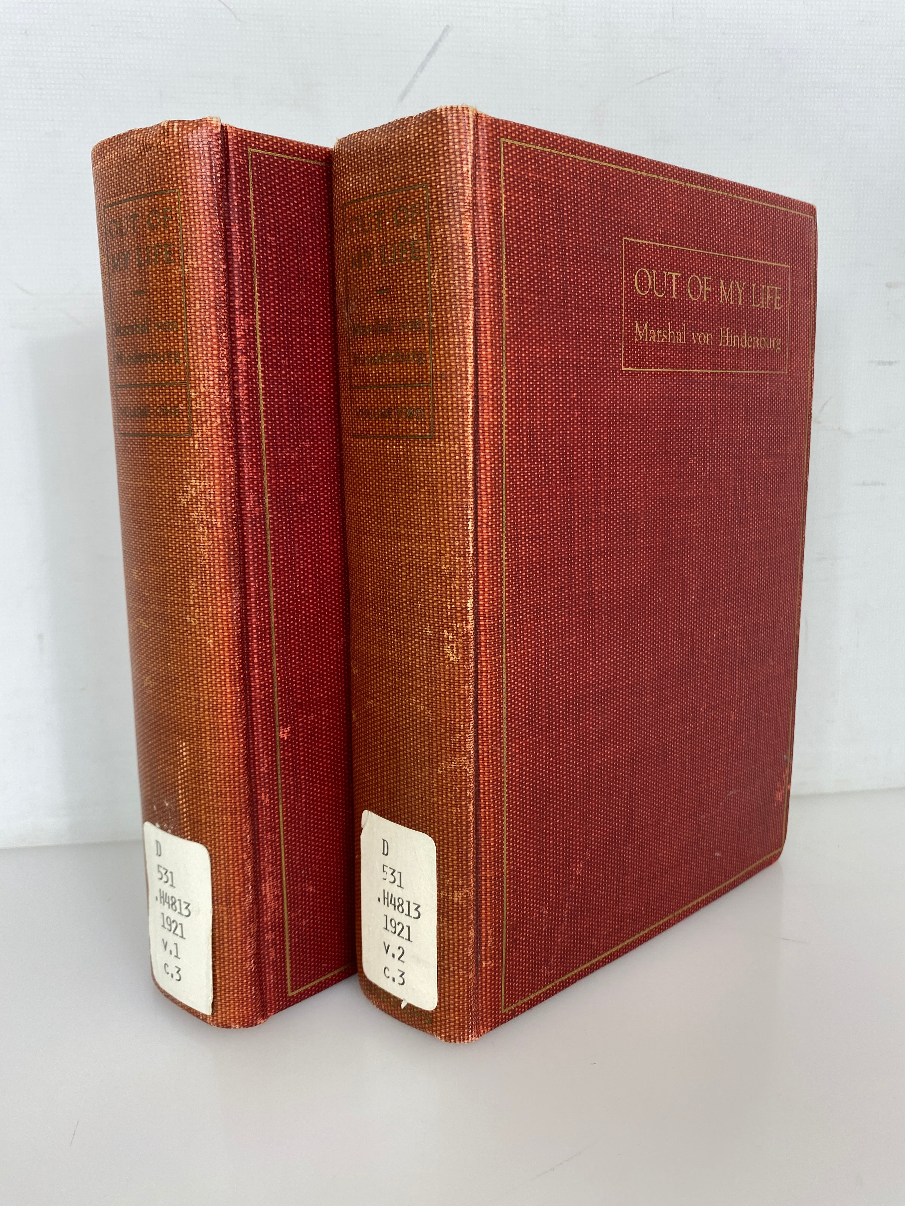 2 Vol Set: Out of My Life by Marshal von Hindenburg 1921 Antique Ex-Library HC