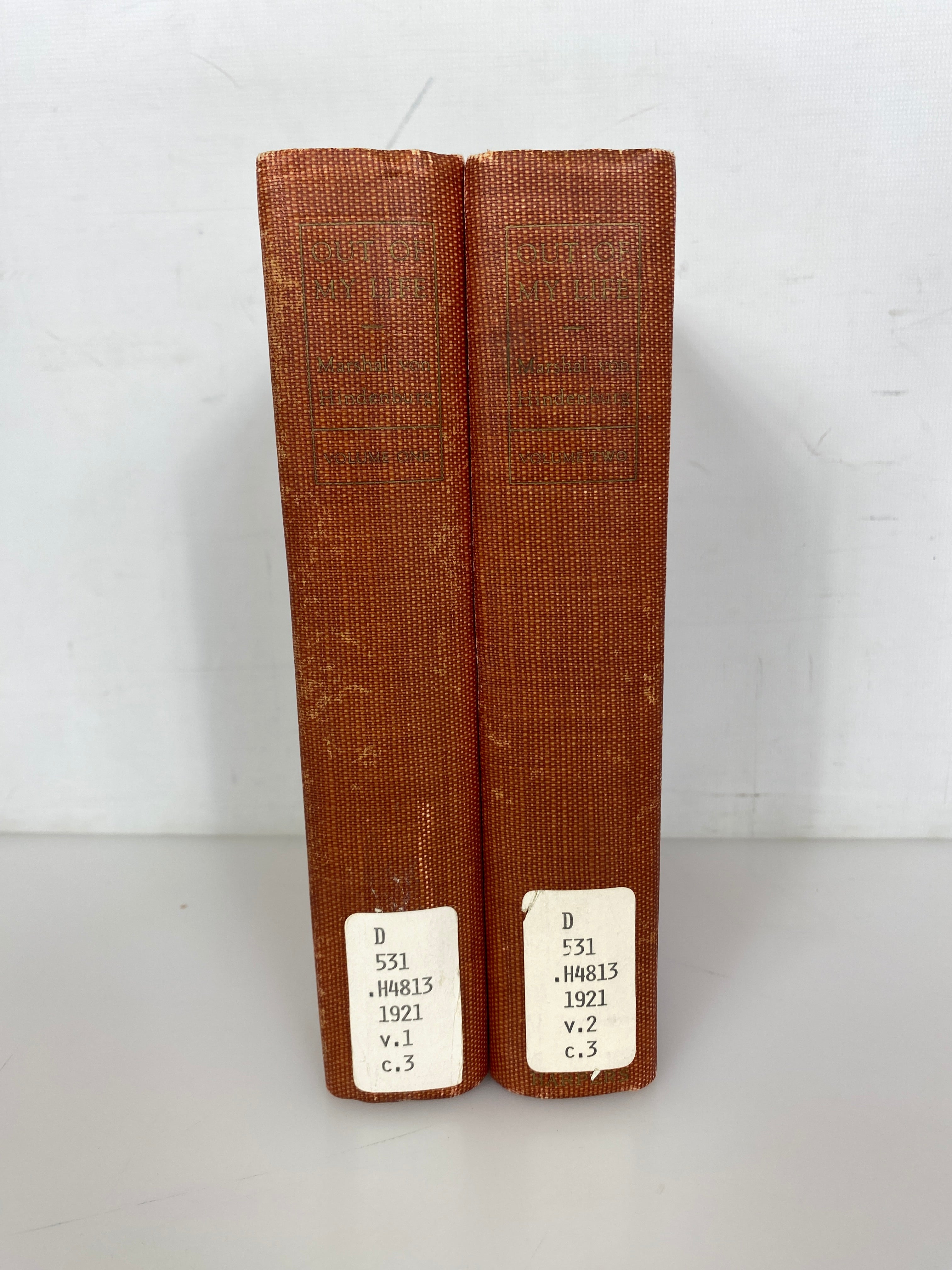 2 Vol Set: Out of My Life by Marshal von Hindenburg 1921 Antique Ex-Library HC