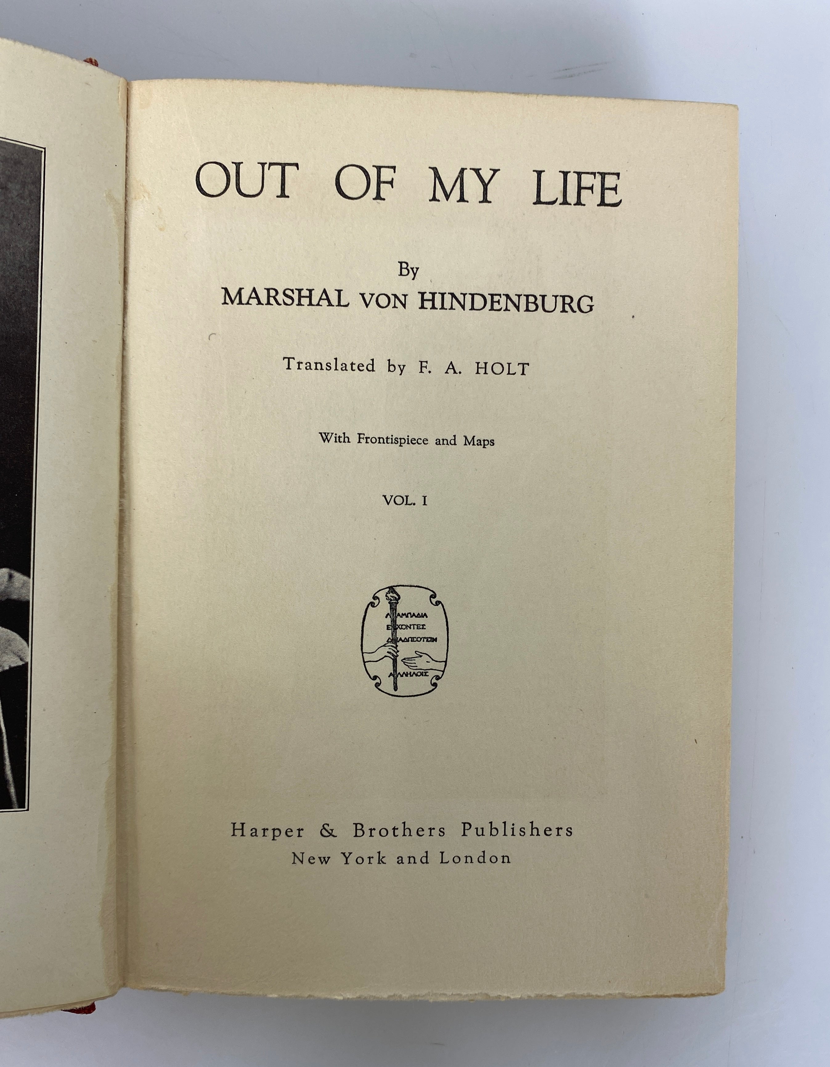 2 Vol Set: Out of My Life by Marshal von Hindenburg 1921 Antique Ex-Library HC