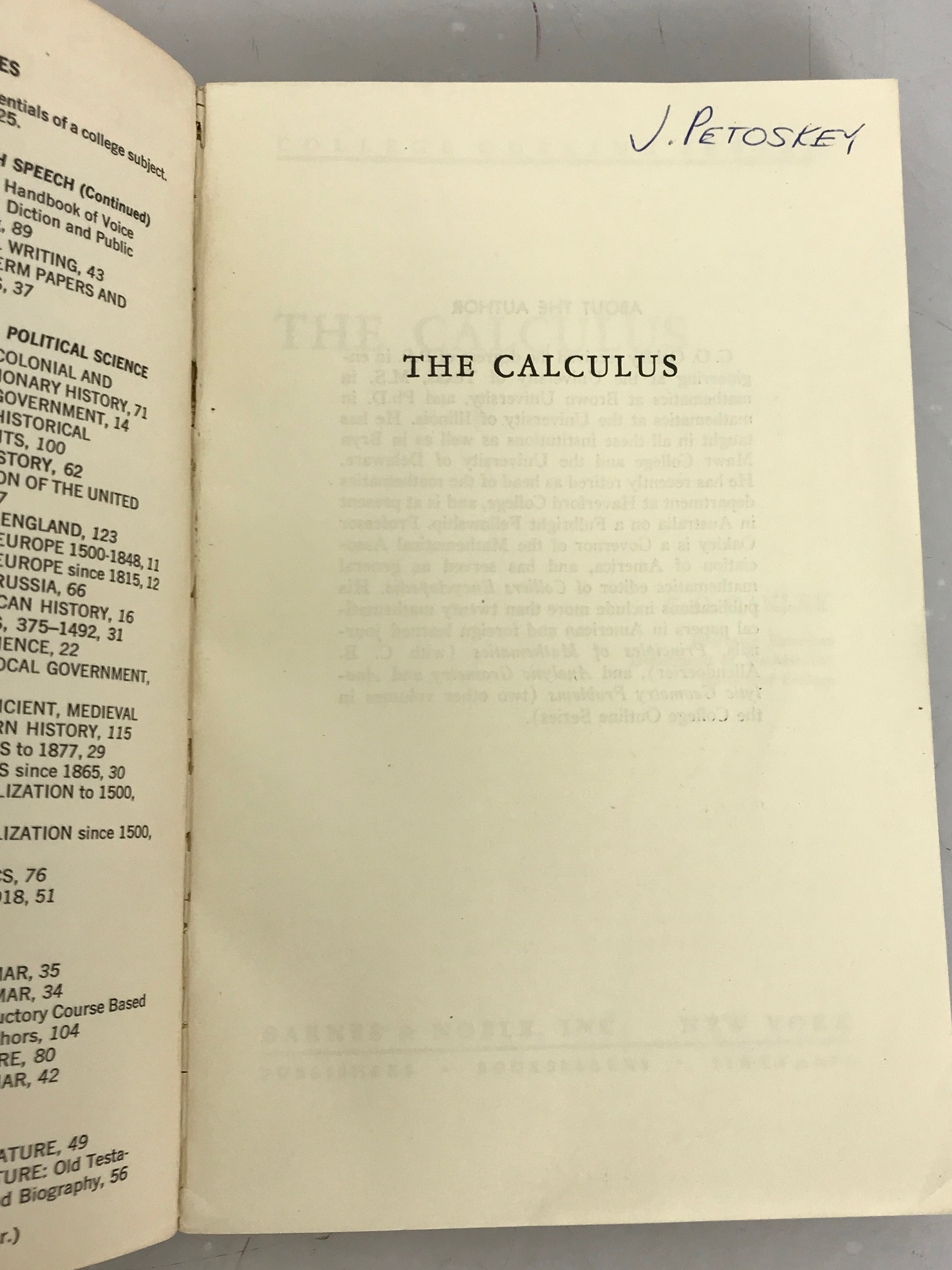 The Calculus by Oakley 1969 - Barnes & Noble College Outline Series  SC