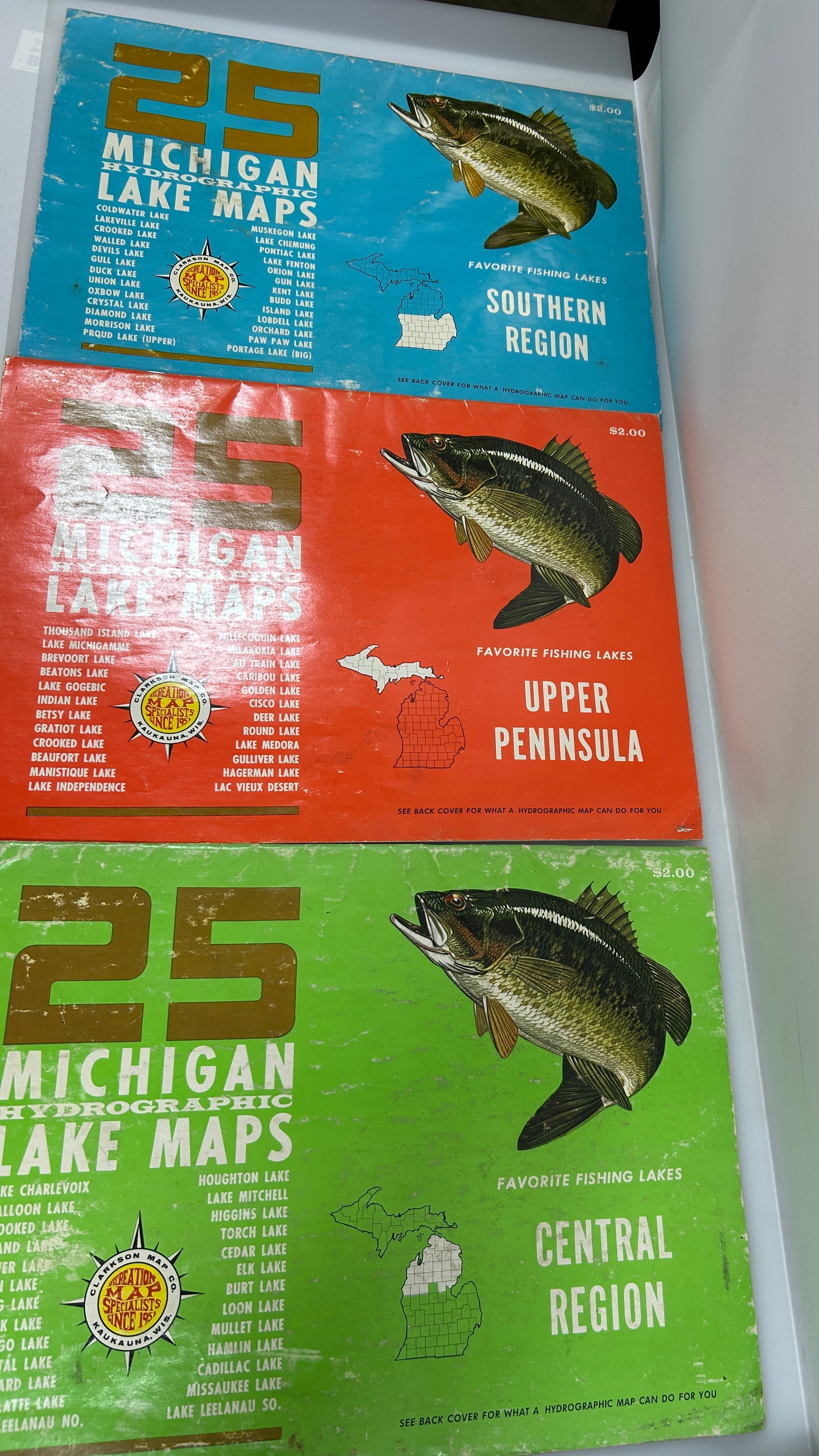 Lot of 3 Michigan Hydrographic Lake Maps-Southern, Central & UP 1965 SC