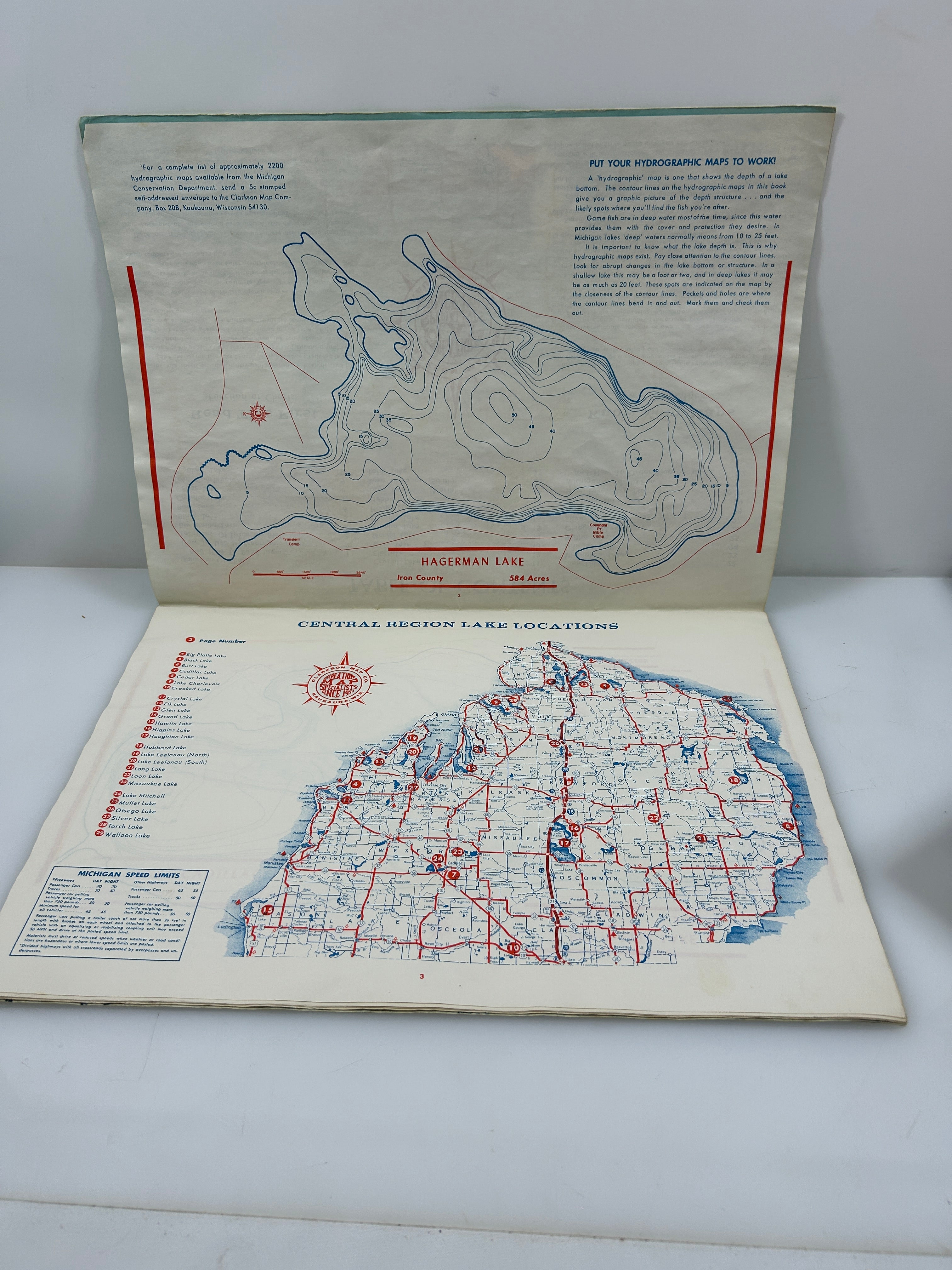 Lot of 3 Michigan Hydrographic Lake Maps-Southern, Central & UP 1965 SC