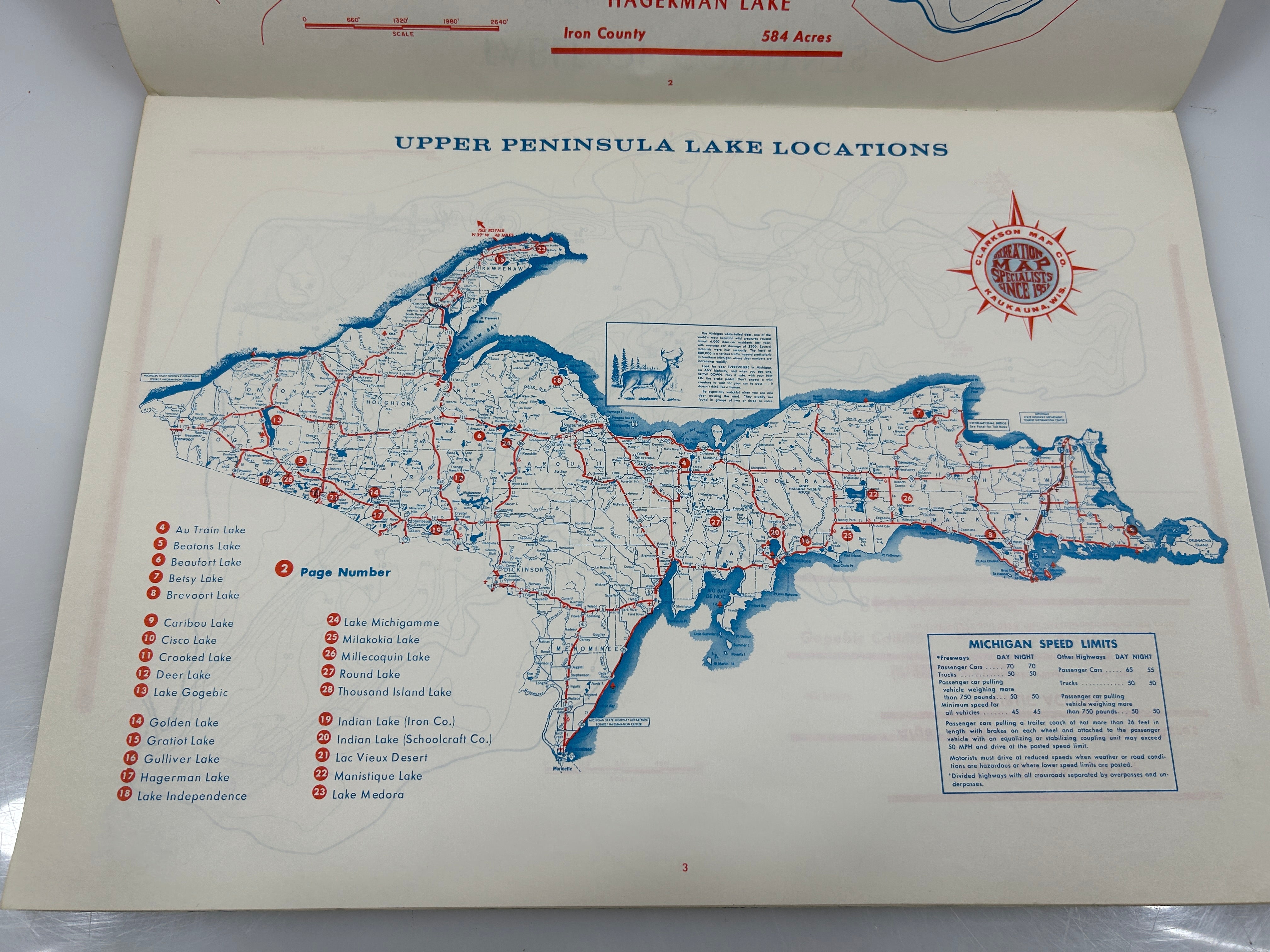 Lot of 3 Michigan Hydrographic Lake Maps-Southern, Central & UP 1965 SC