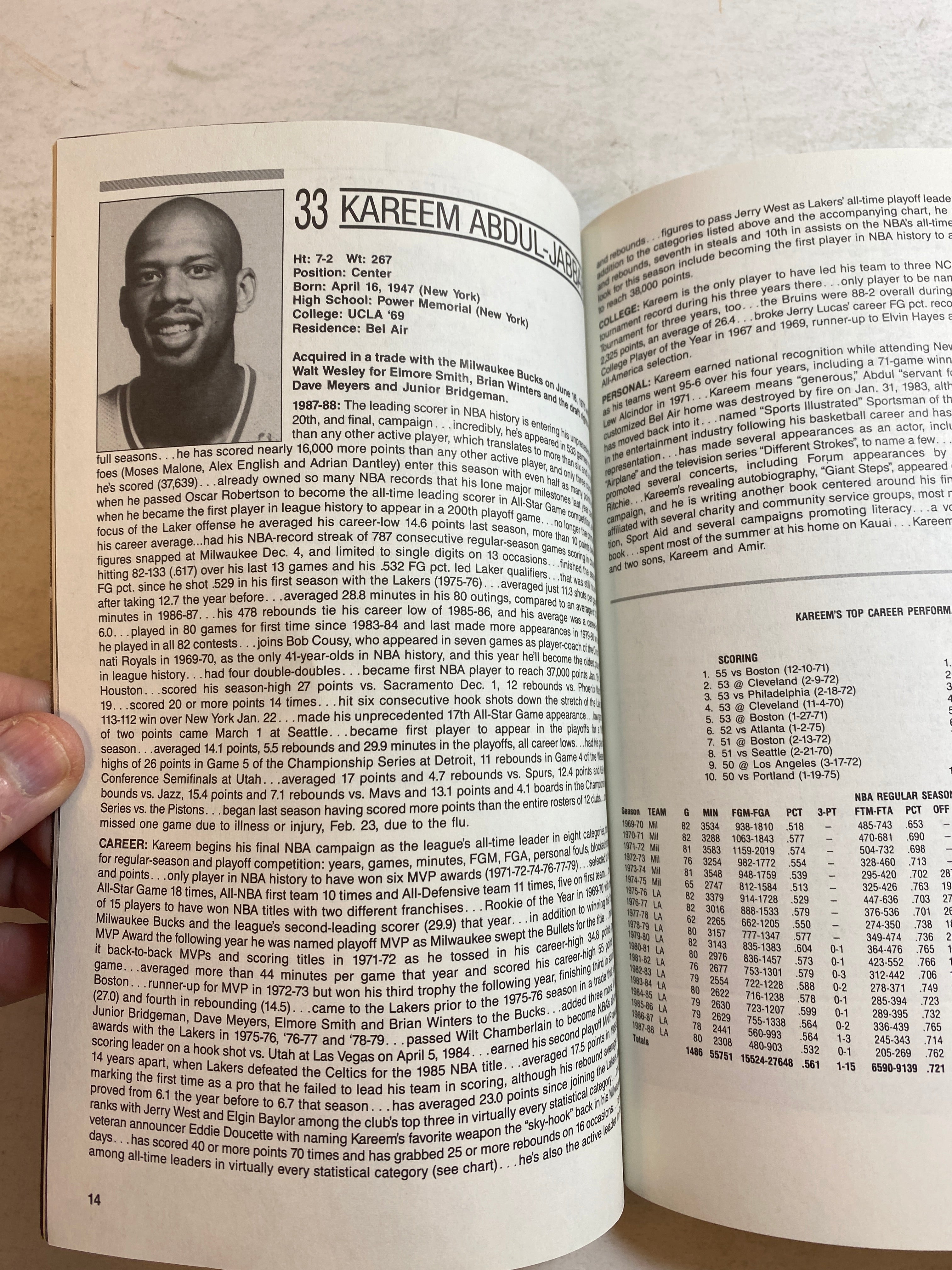 LA Lakers NBA Media Guide 1988-1989 Kareem Abdul-Jabbar