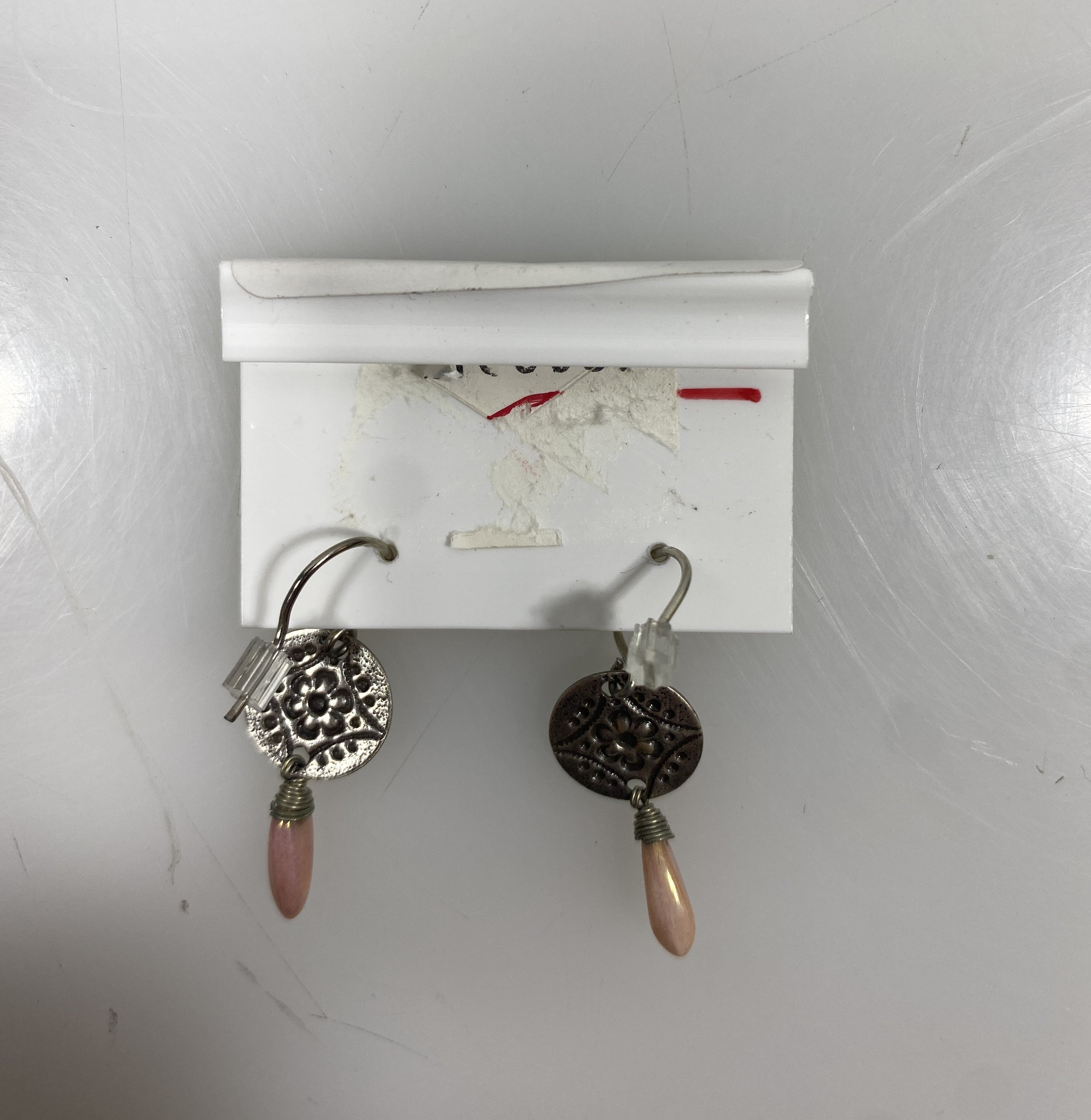 Silver Textured Dangle Pink Stone Charm Earrings