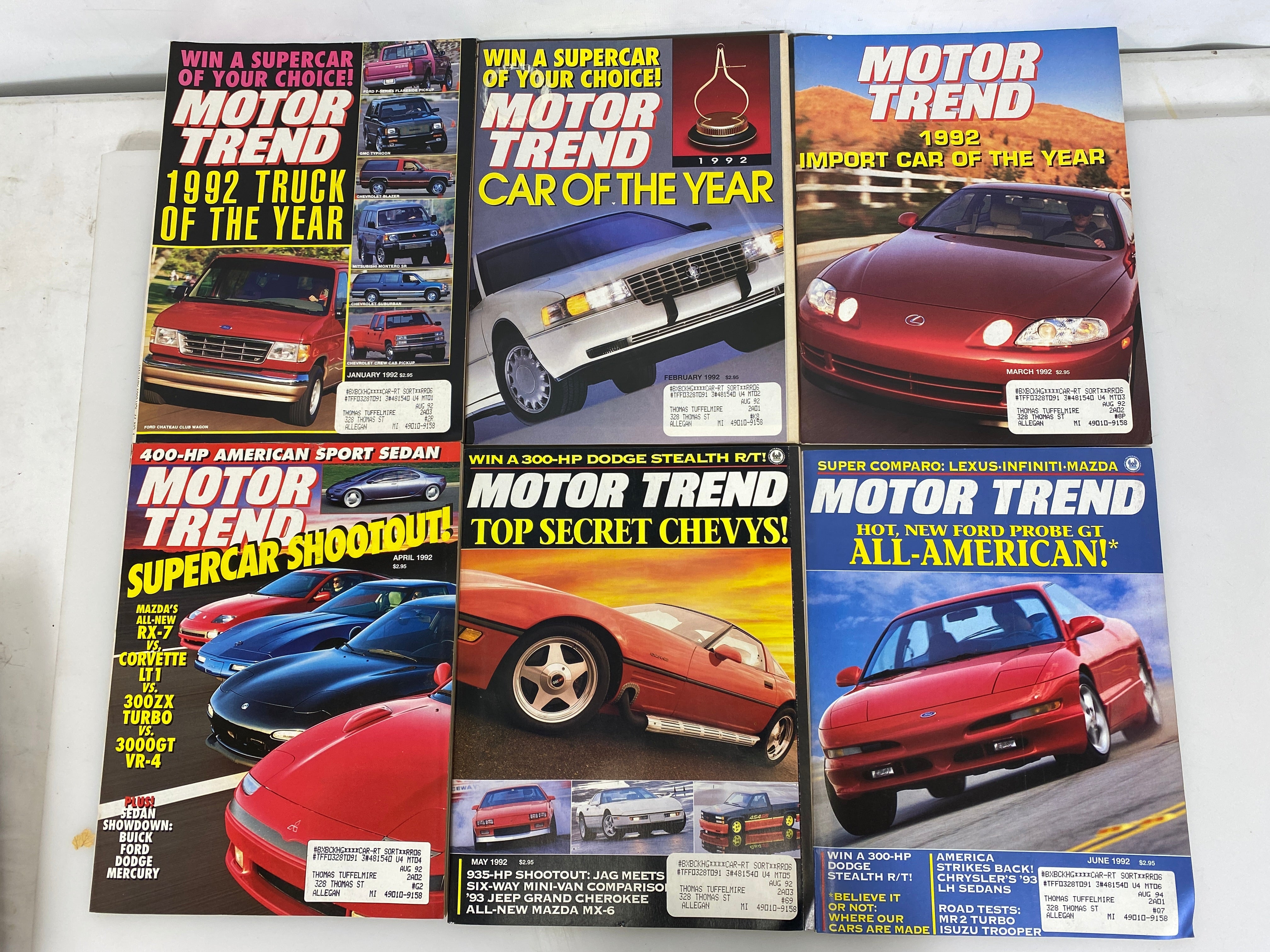 Lot of 12 Vintage Motor Trend Magazines 1992 Complete Year