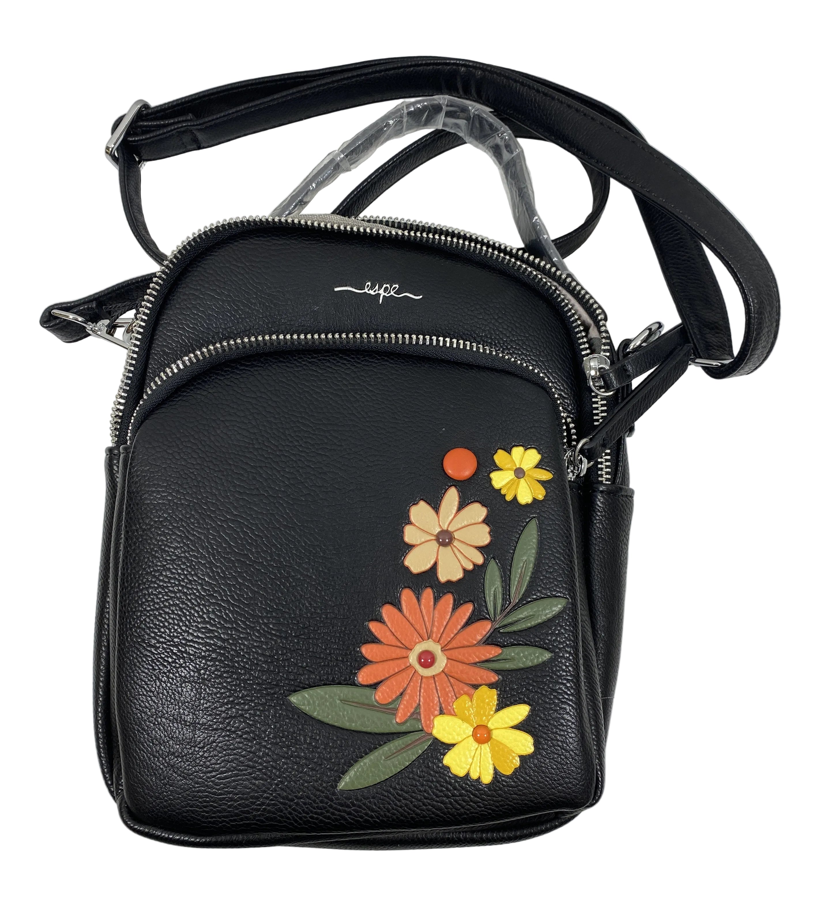Espe Black Floral Vegan Leather Crossbody Bag