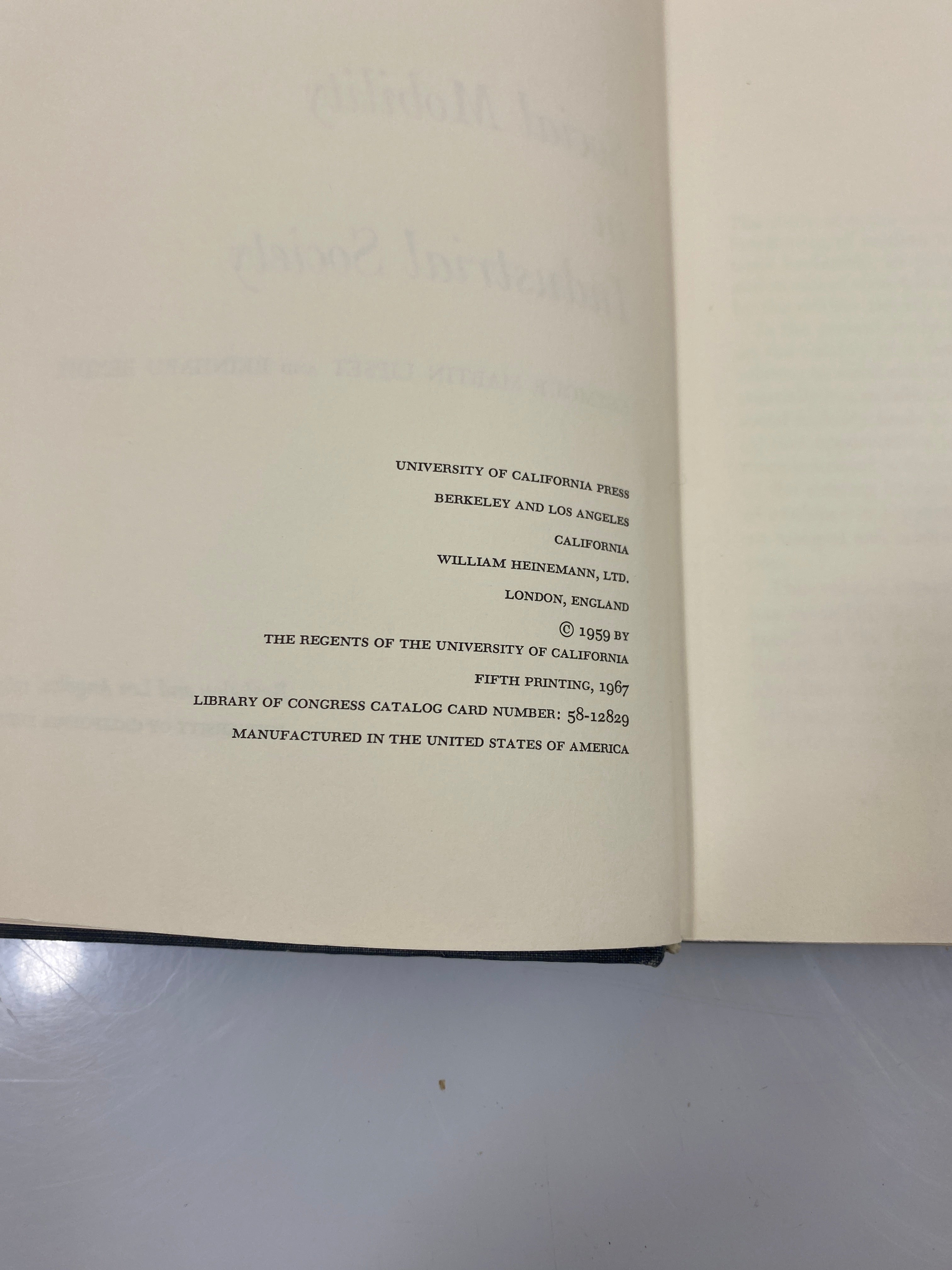 Social Mobility in Industrial Society Lipset/Bendix Ex-library 1967 HC