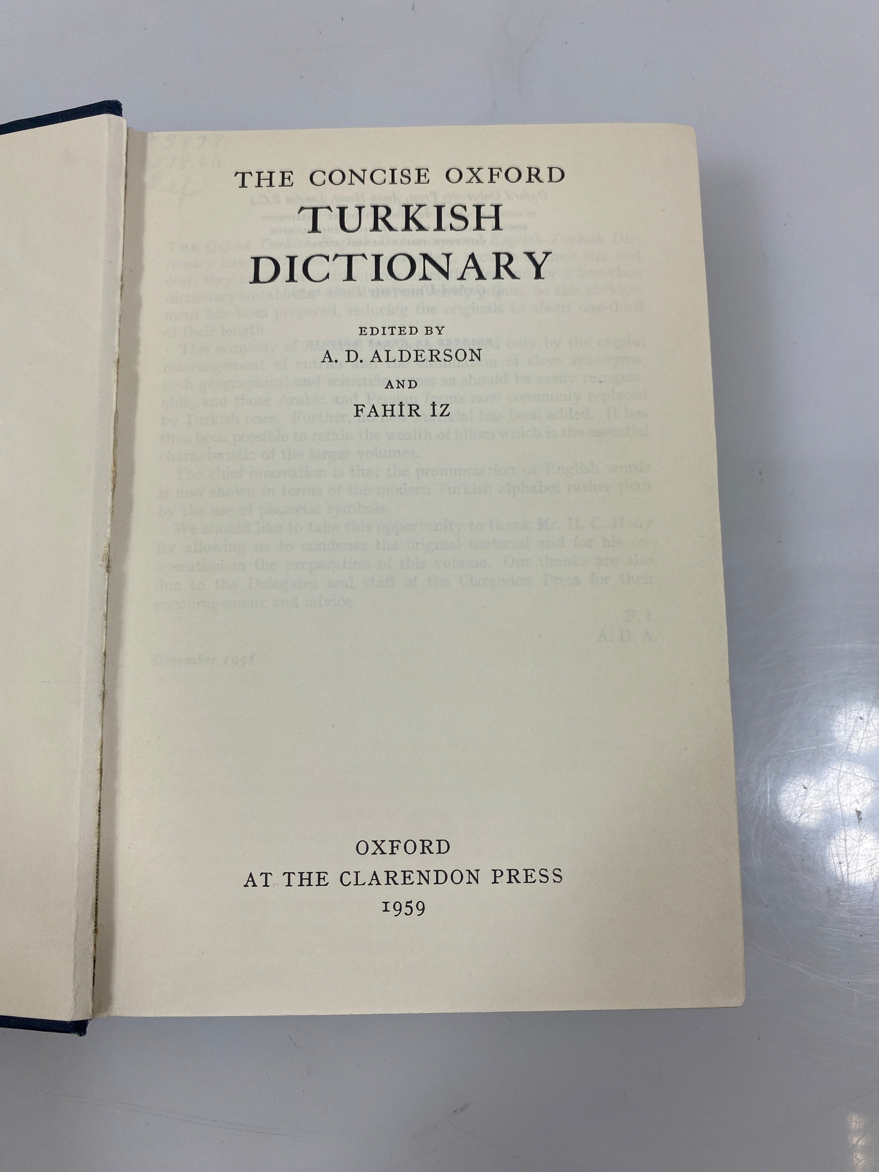 The Concise Oxford Turkish Dictionary by Alderson/Iz Ex-library 1959 HC