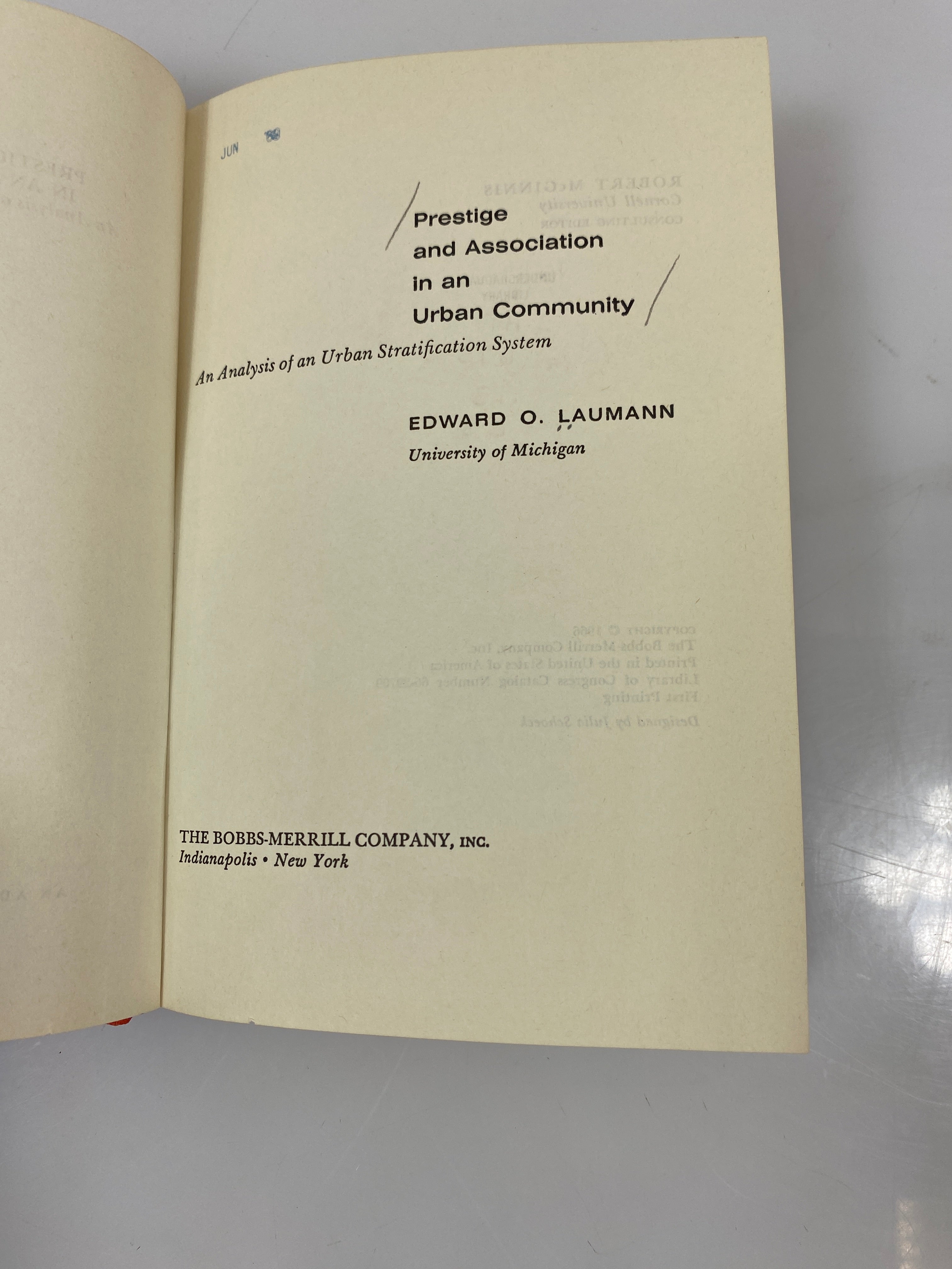 Prestige and Association in an Urban Community by Laumann Ex-library 1966 HC