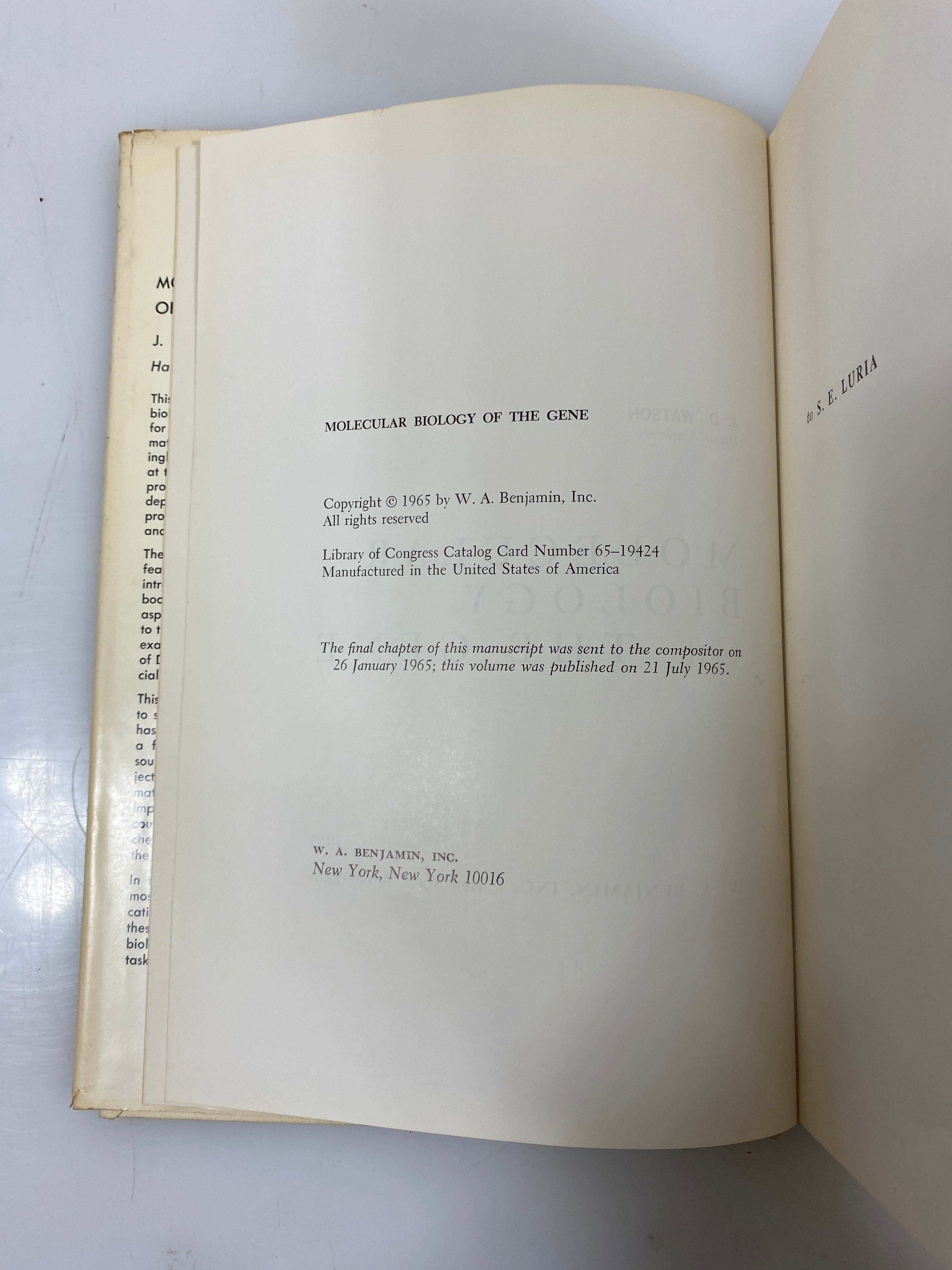Molecular Biology of the Gene by Watson 1st Ed. 1965 HCDJ