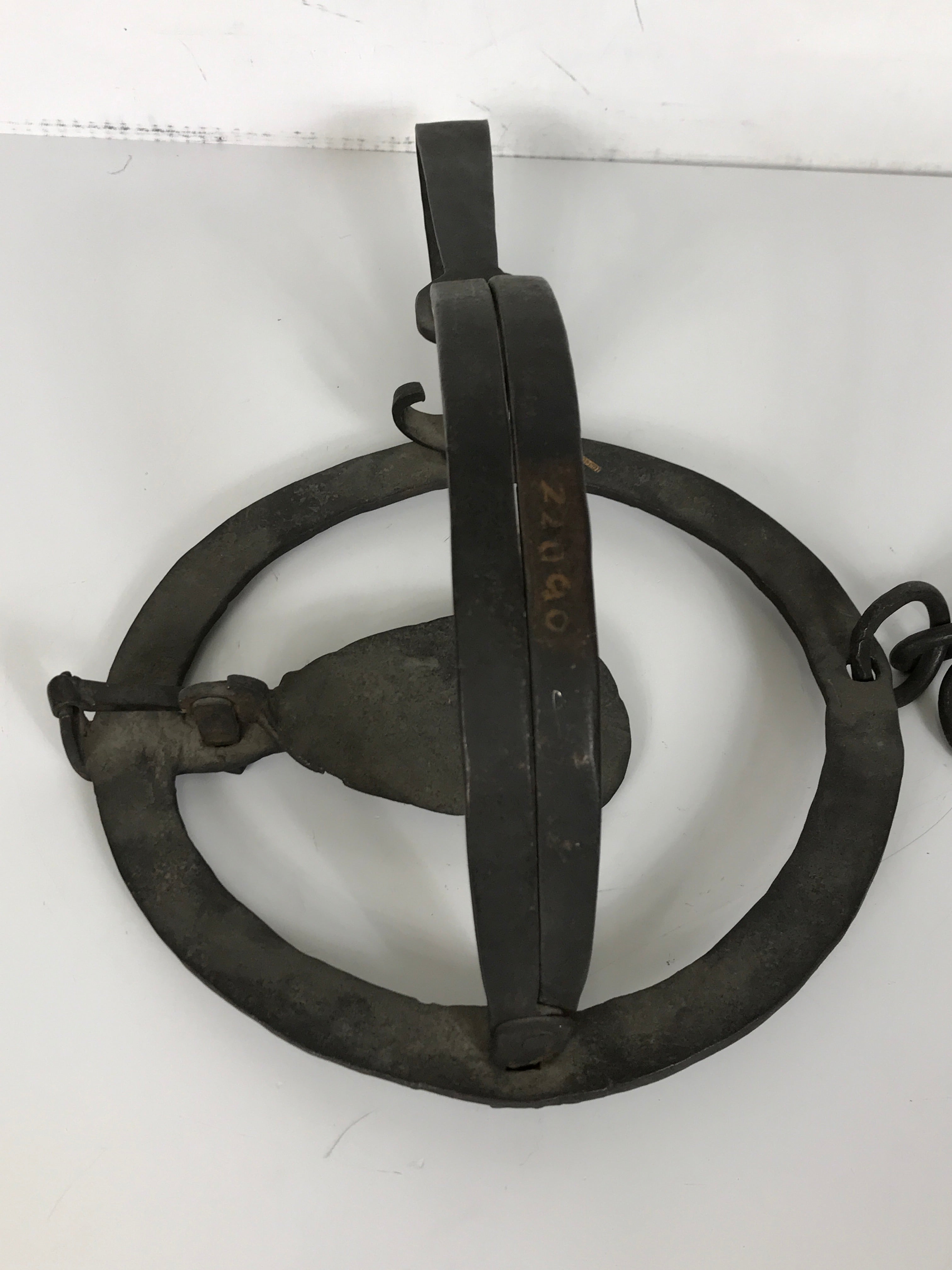 Antique Large Animal Hand Forged Iron Trap with Chain