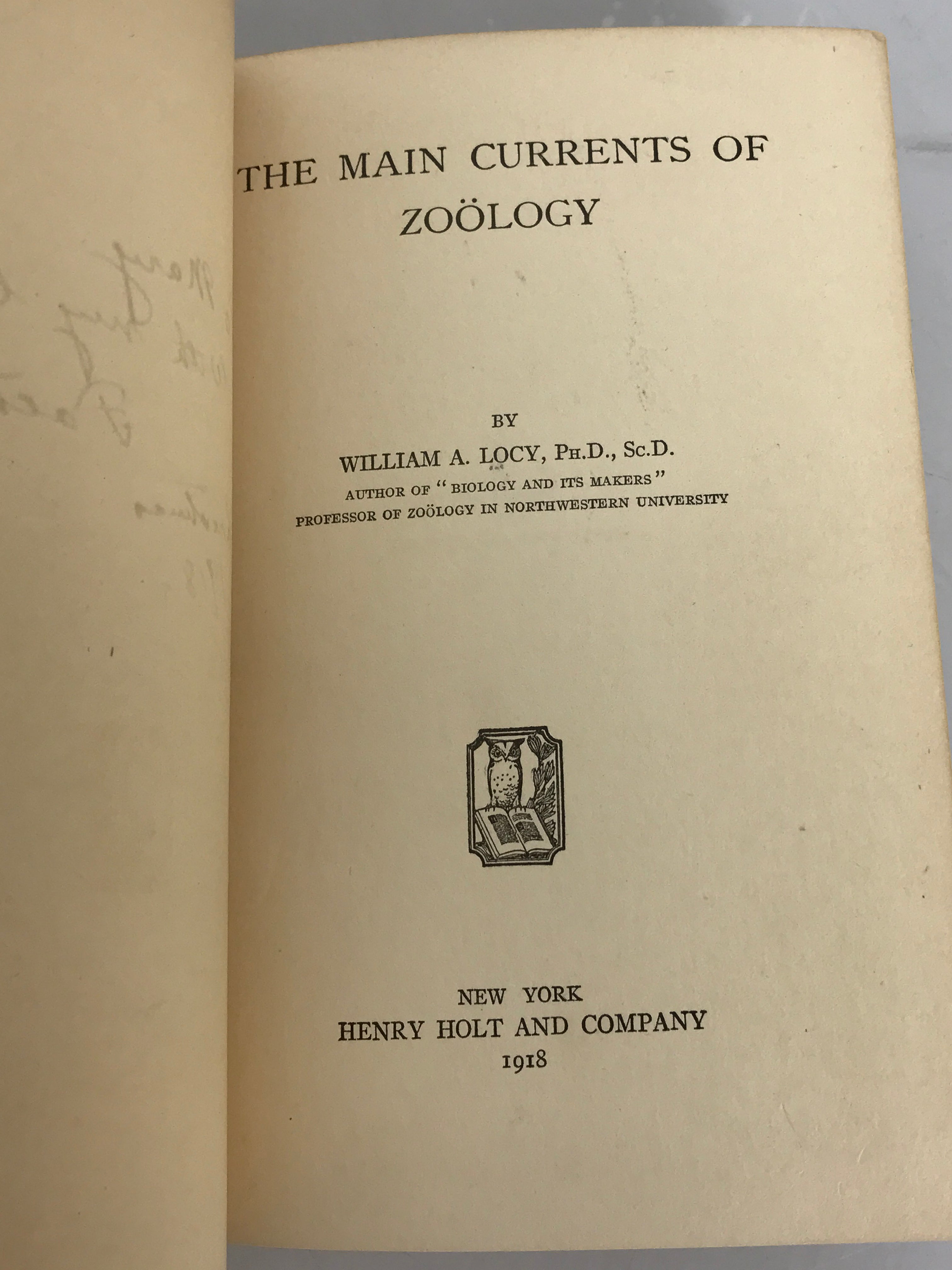 The Main Currents of Zoology by William A. Locy 1918 Henry Holt and Company HC Rare