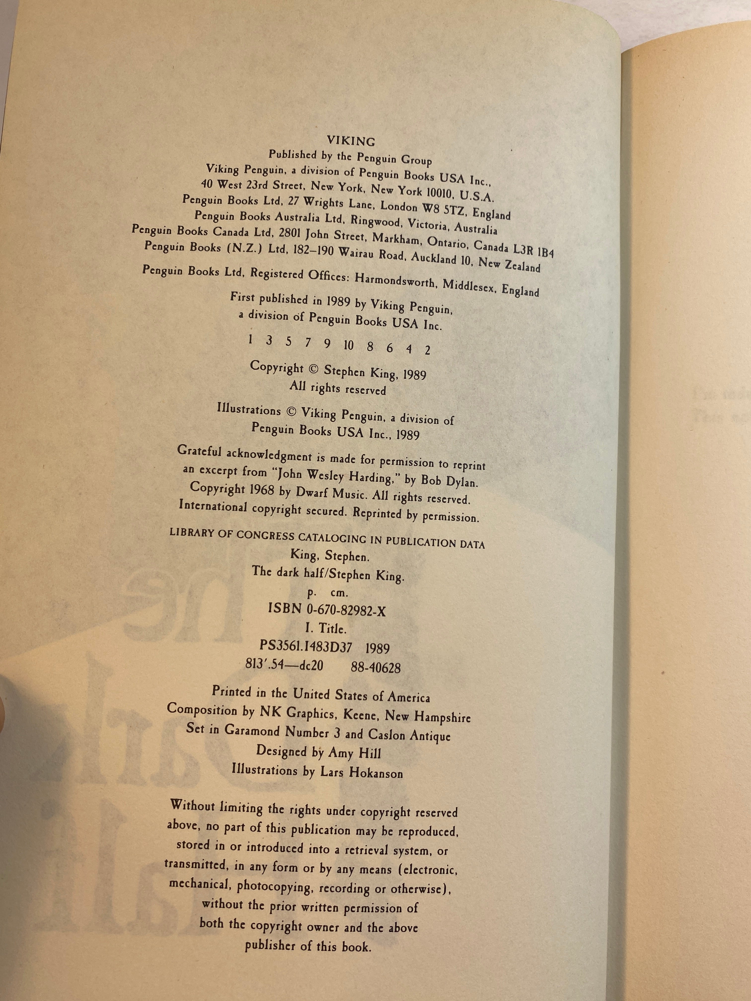 The Dark Half Stephen King HCDJ 1989