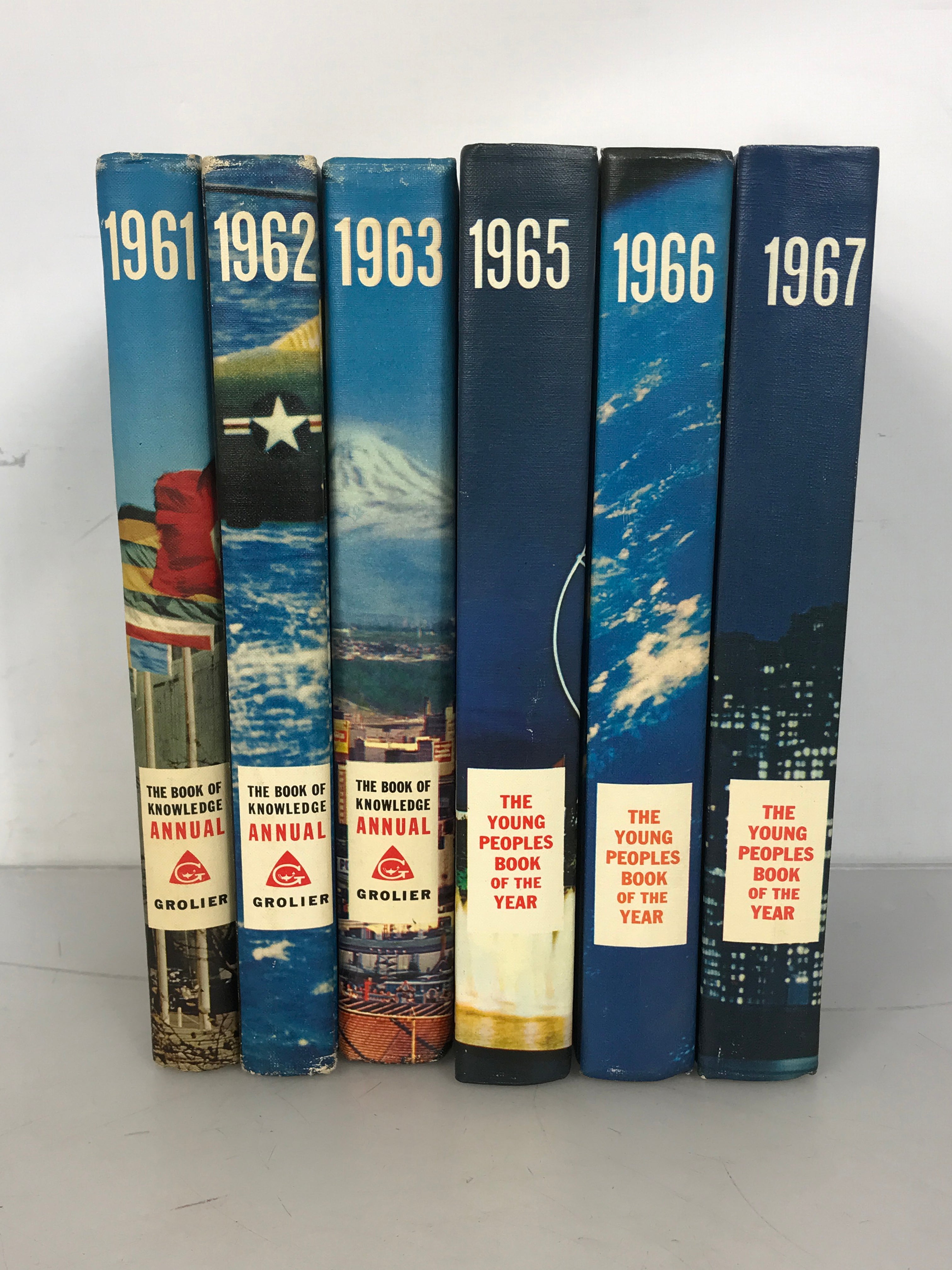 Lot of 6 Grolier The Book of Knowledge Annual (1961-1963) and The Young Peoples Book of the Year (1965-1967) HC