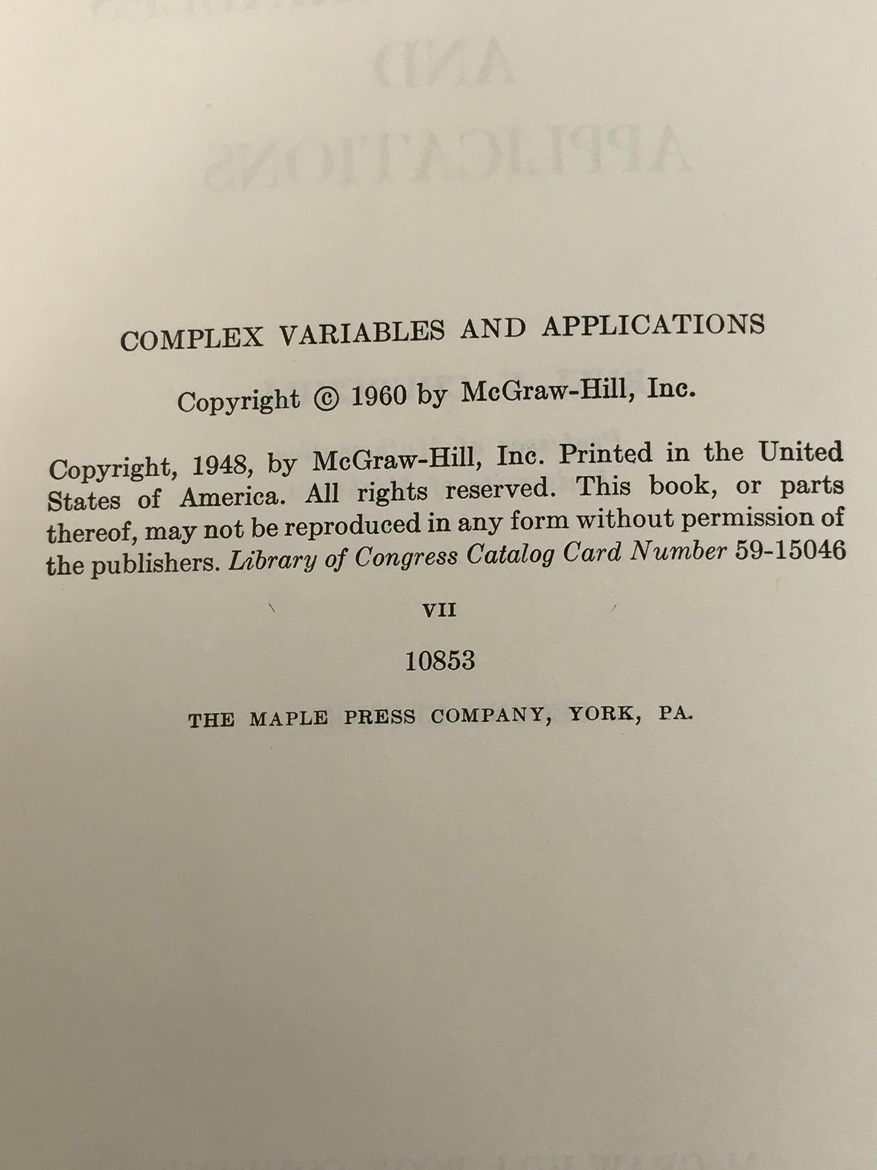 Complex Variables and Applications by Ruel V. Churchill 1960 Second Edition HC