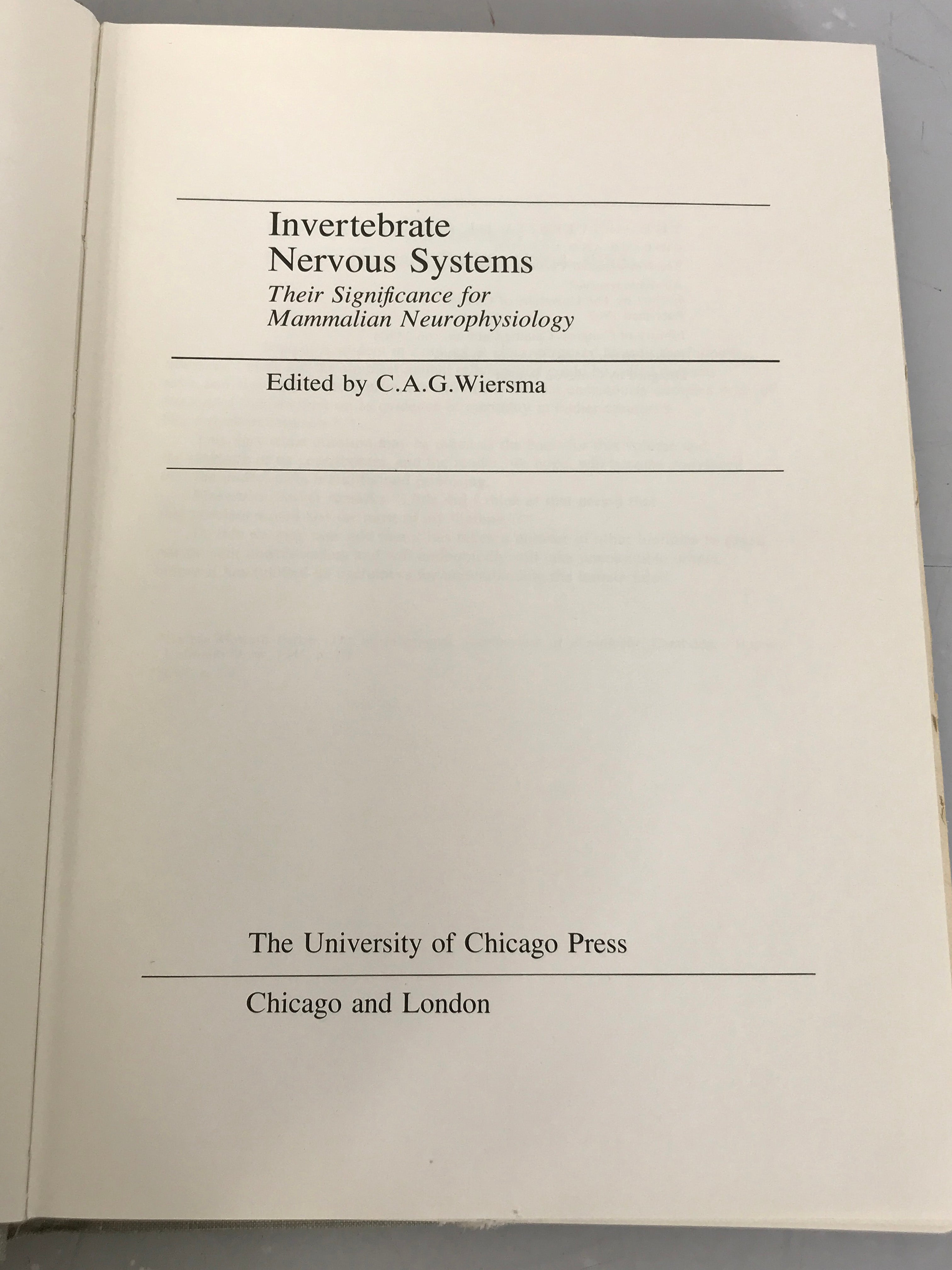 Invertebrate Nervous Systems C.A.G. Wiersma 1967 University of Chicago Press HC DJ