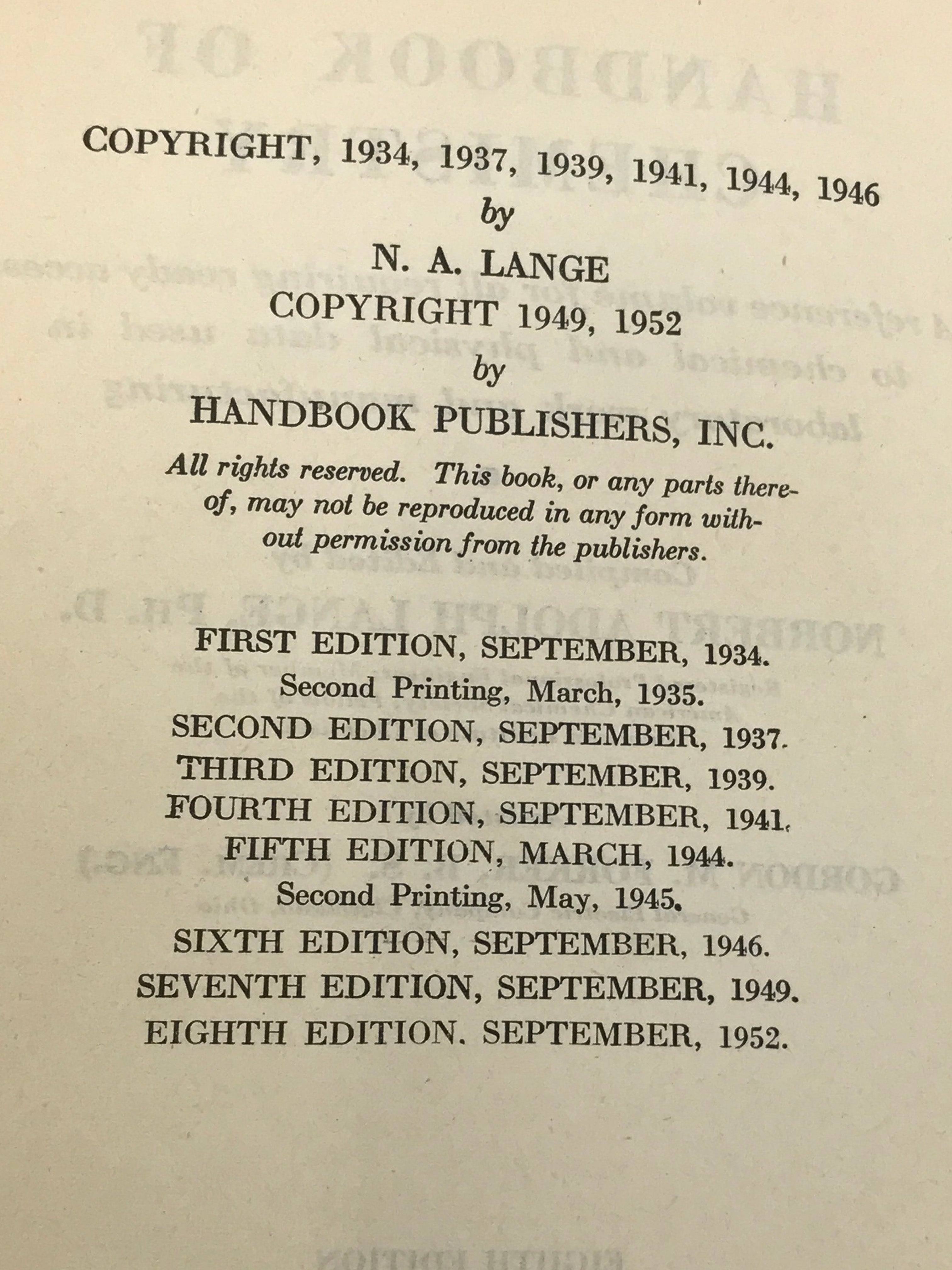 Handbook of Chemistry by Norbert Lange Eighth Edition 1952 HC