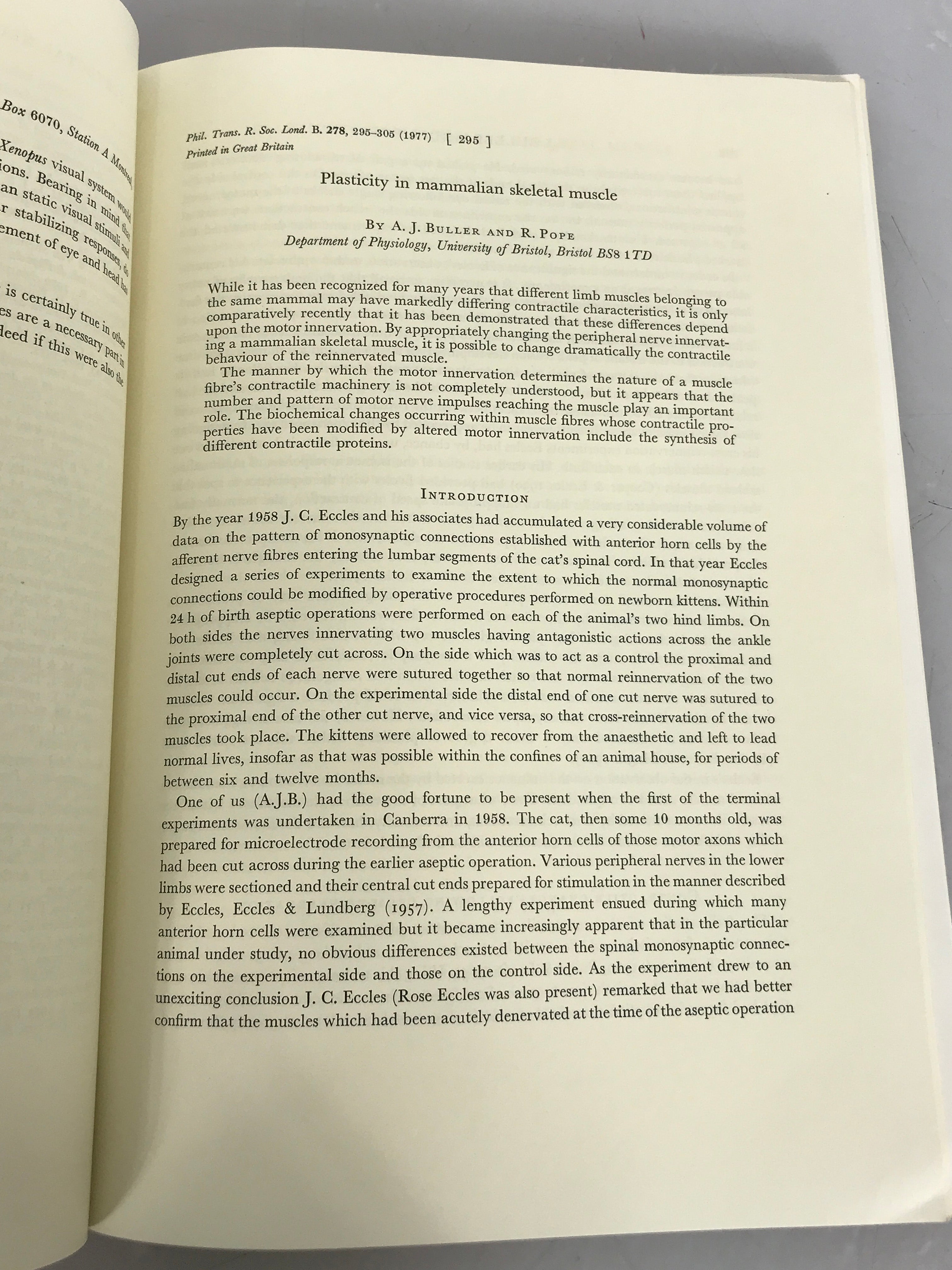 A Discussion on structural and functional aspects of plasticity: Philosophical Transactions of the Royal Society of London Vol 278 Biological Sciences April 1977 SC