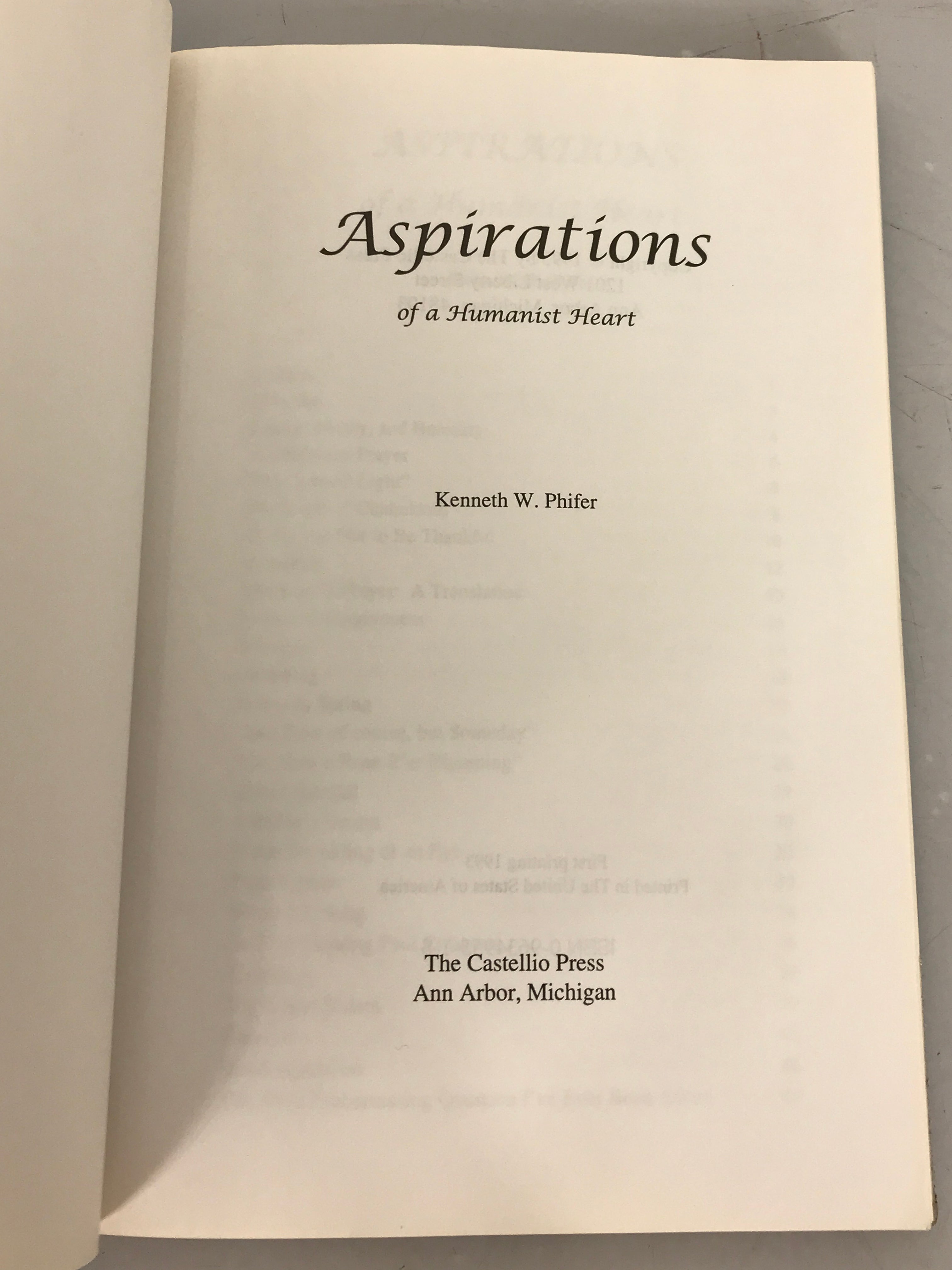 Aspirations of a Humanist Heart by Kenneth W. Phifer 1993 First Printing SC