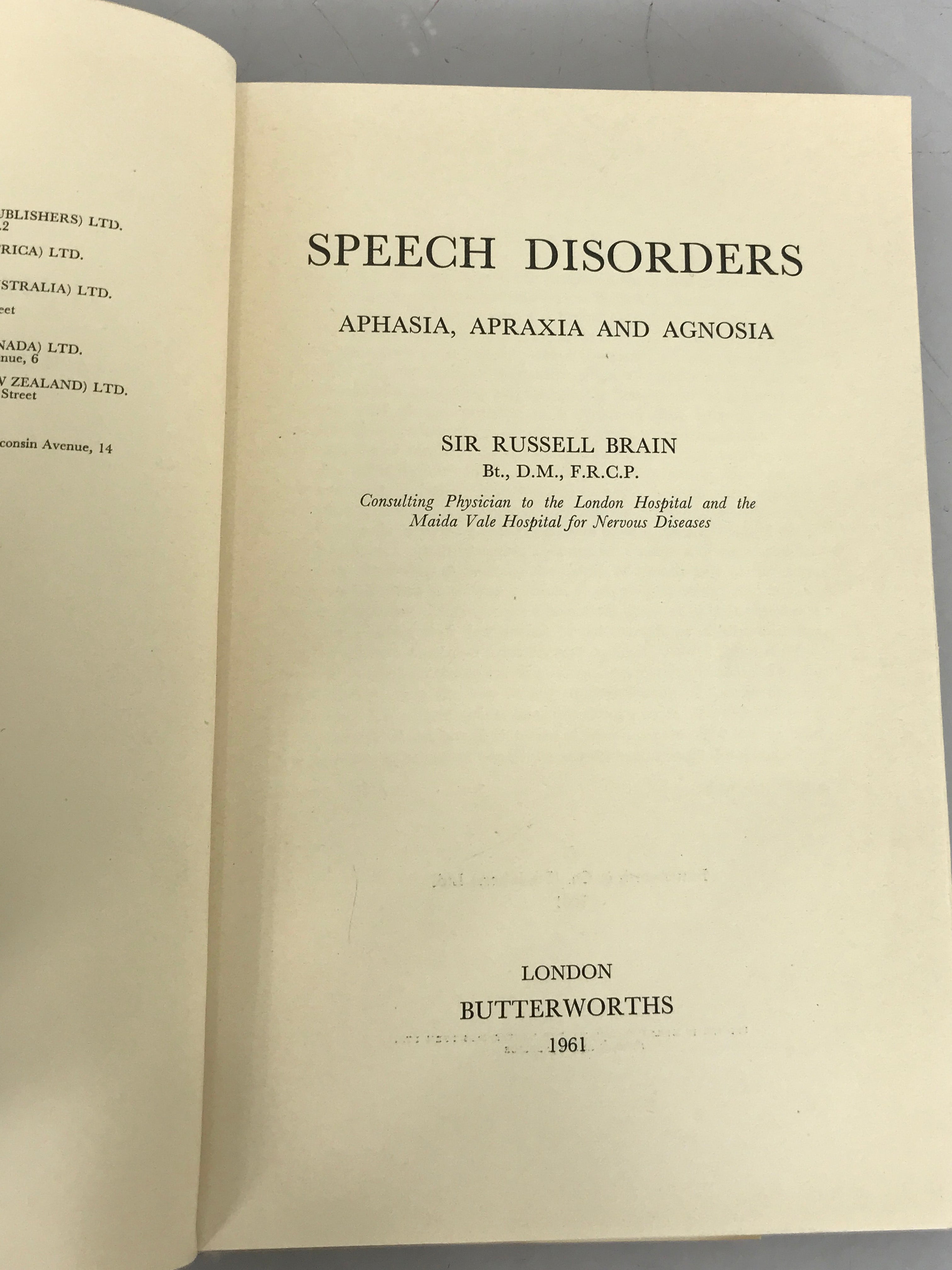 Lot of 2 Speech Disorder Books: Agnosia, Apraxia, Aphasia by Nielsen (1962) and Speech Disorders by Russell Brain (1961) HC DJ
