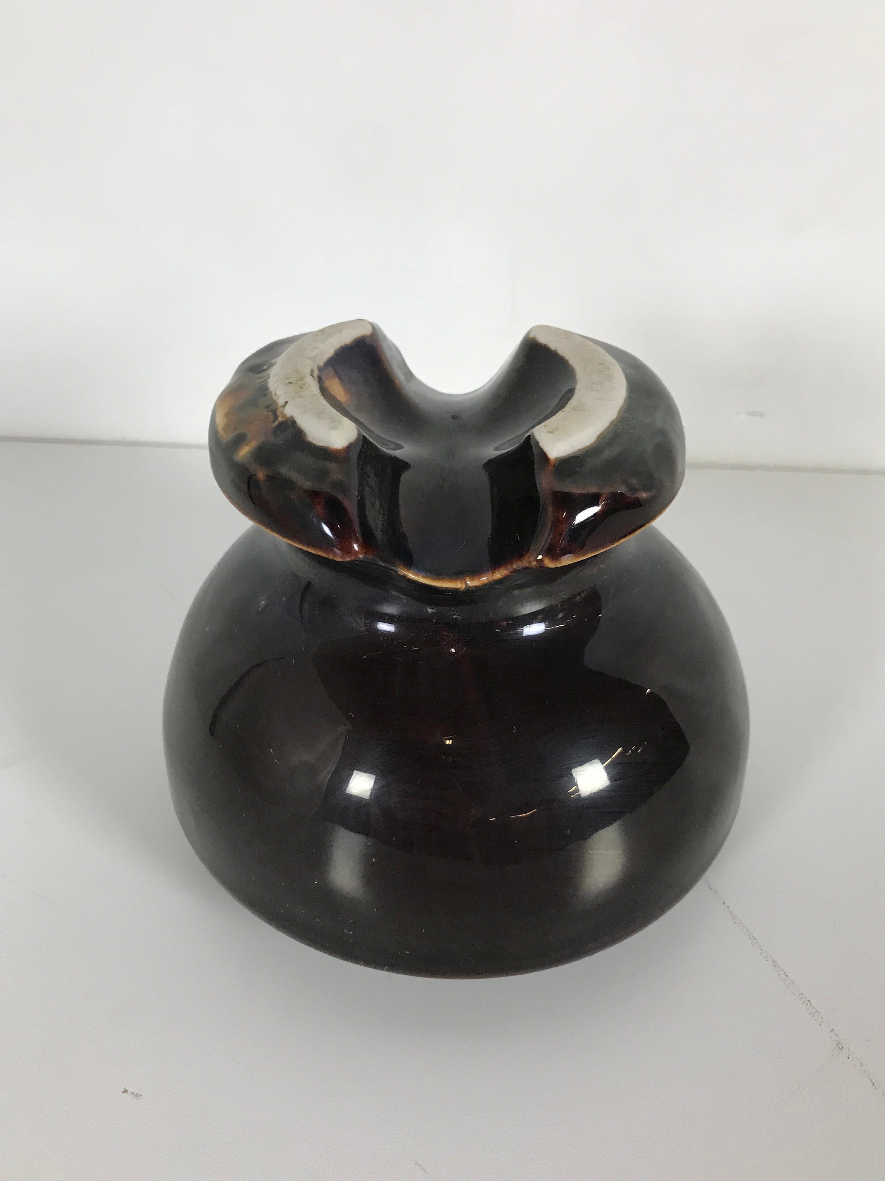 Antique Large Dark Brown Ceramic Insulator with White Top