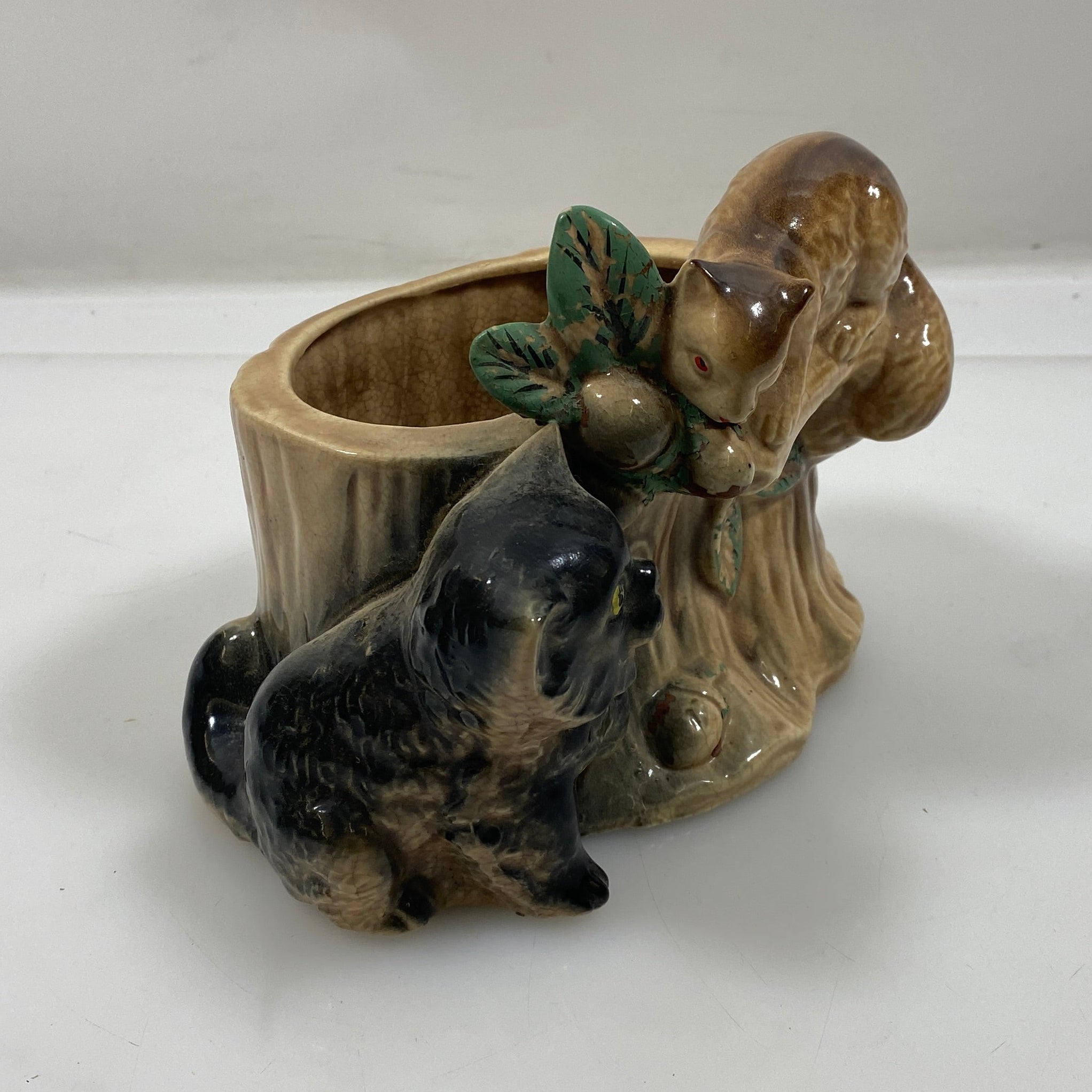 Vintage Japan Ceramic Cat Planter Cachepot w/ Black & Brown Cats Tree Stump