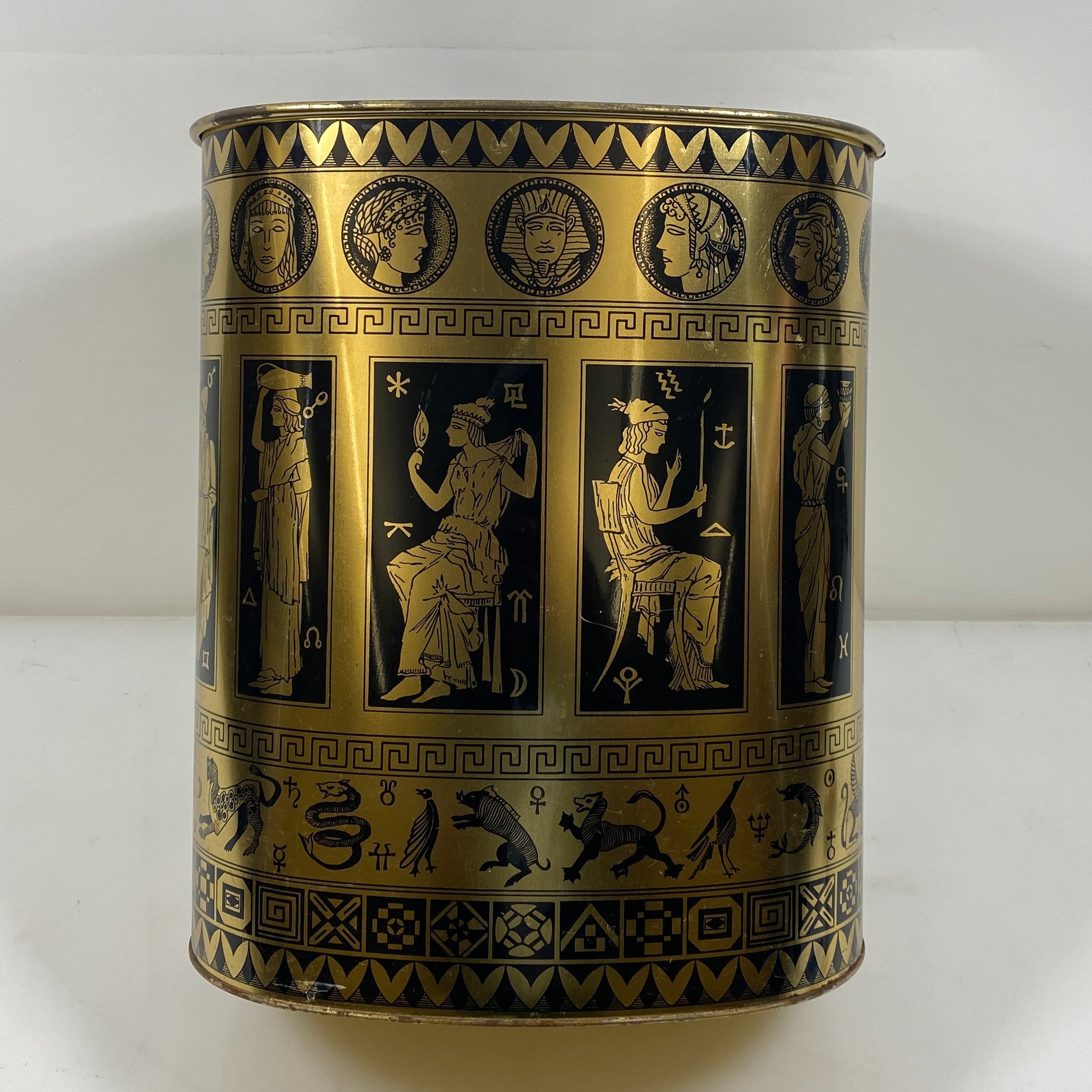 Vintage Greek Mythology Gold & Black Metal Wastebasket