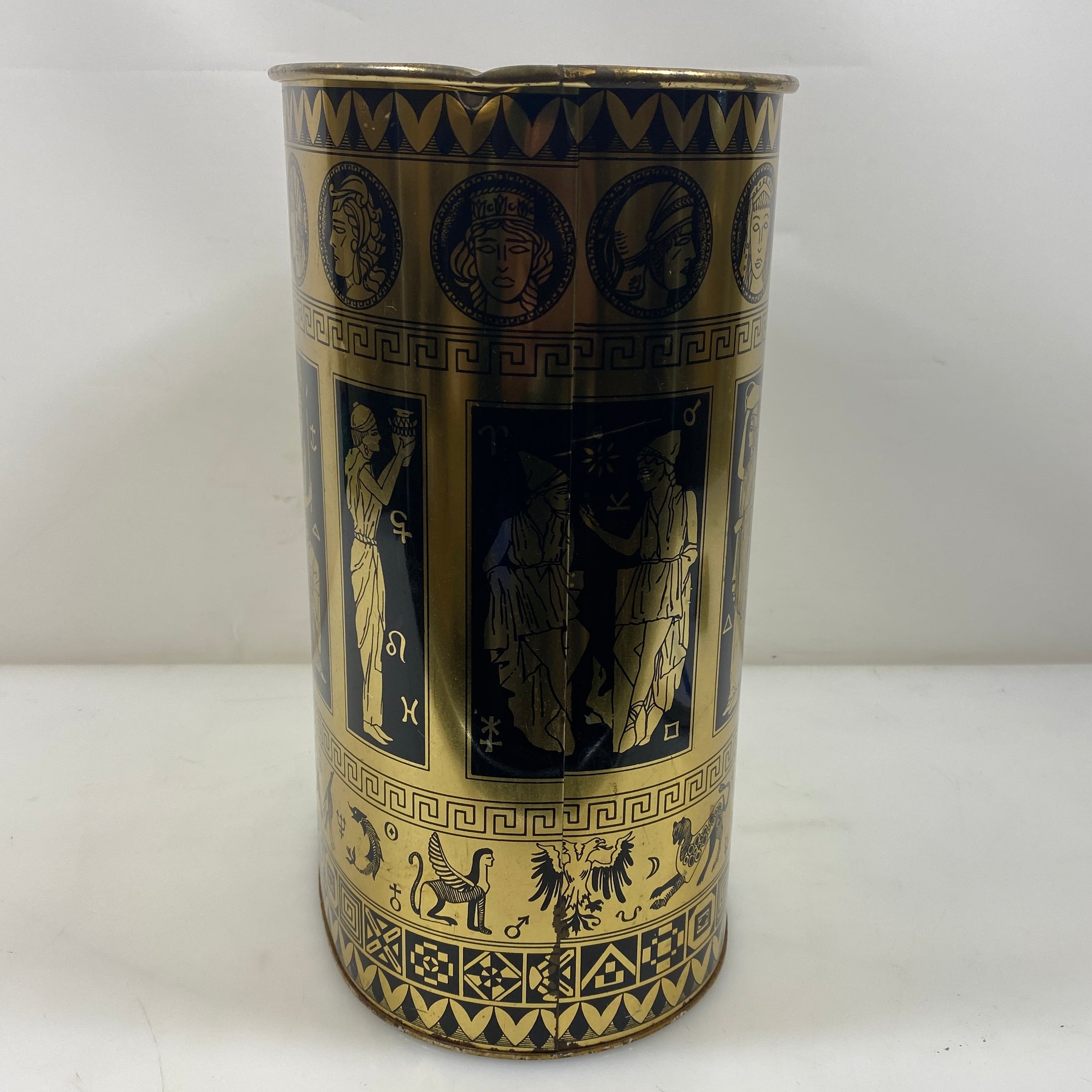 Vintage Greek Mythology Gold & Black Metal Wastebasket