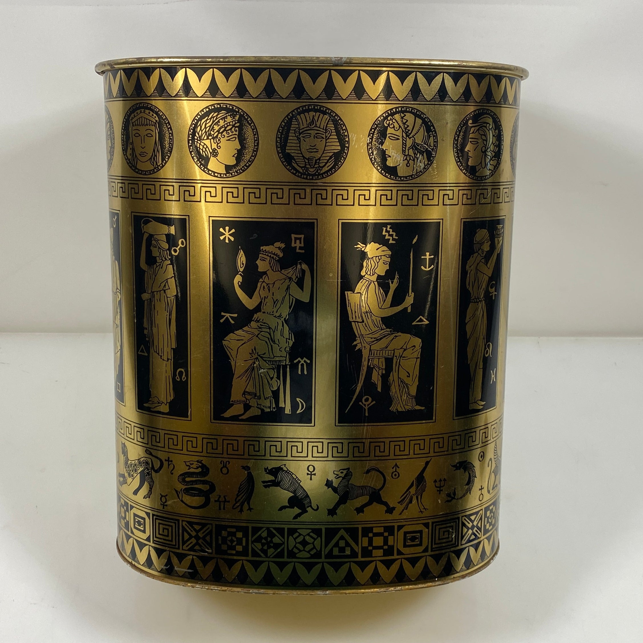Vintage Greek Mythology Gold & Black Metal Wastebasket