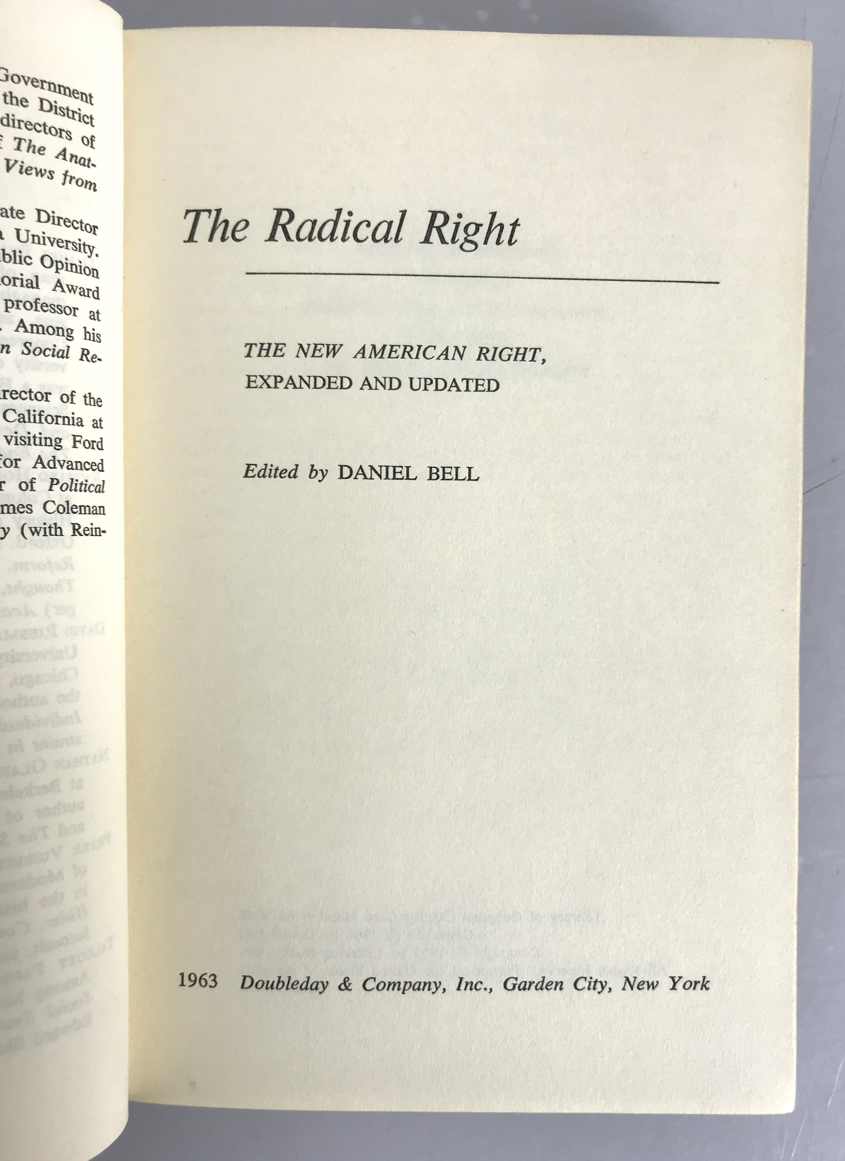 The Radical Right by Daniel Bell First Doubleday Edition 1963 HC