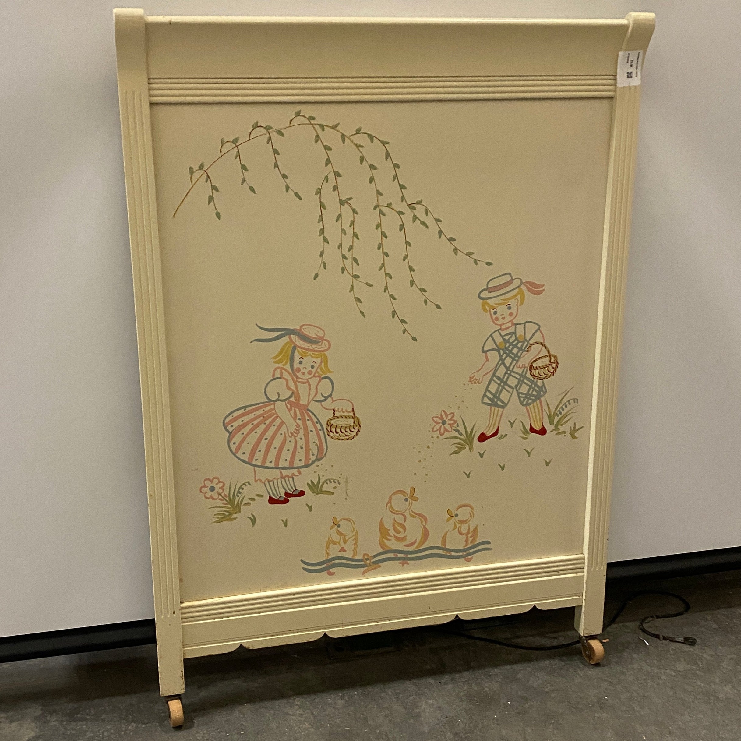 Vintage Hand-Painted Child's Bed Headboard & Footboard Set Only w/ Casters