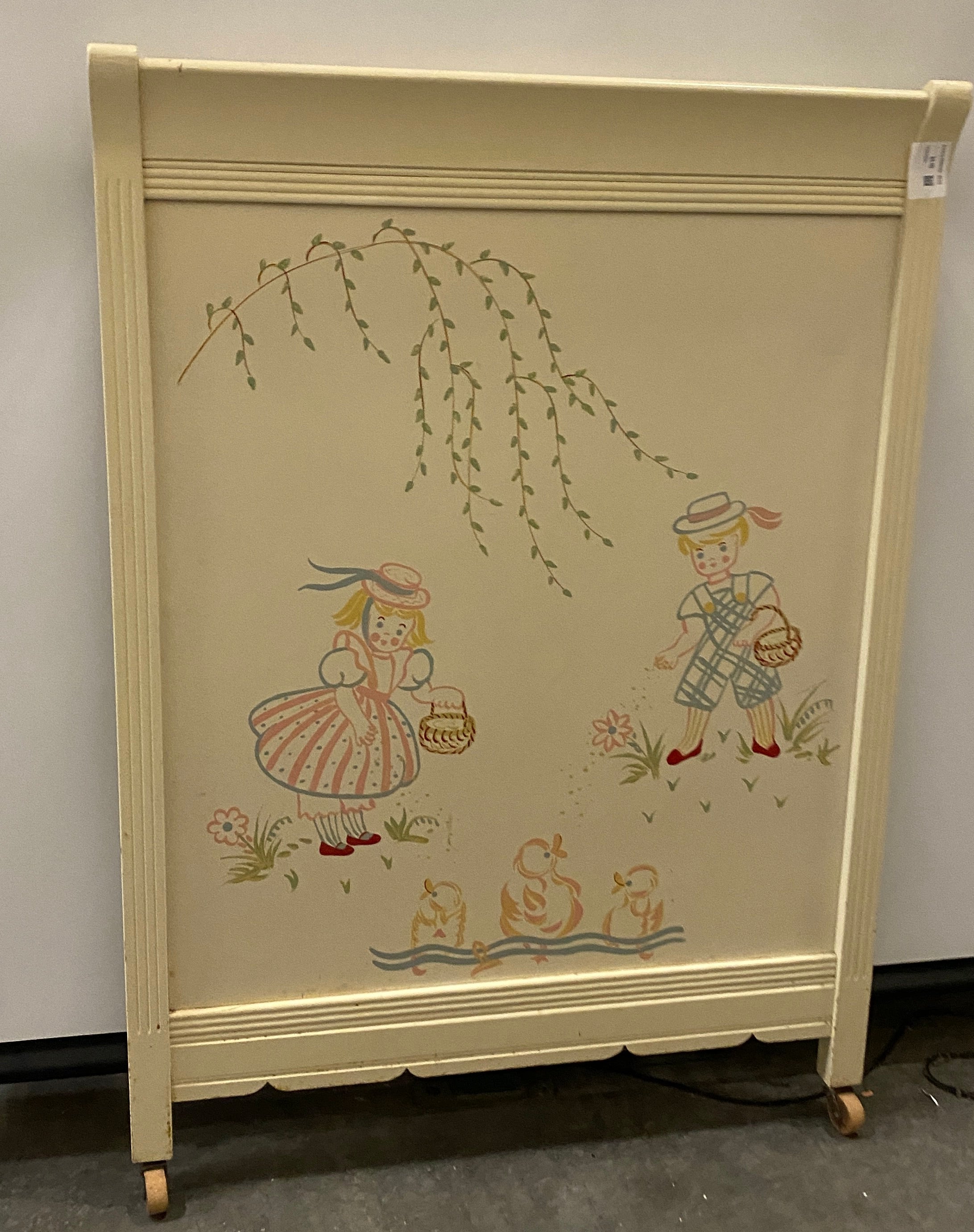 Vintage Hand-Painted Child's Bed Headboard & Footboard Set Only w/ Casters