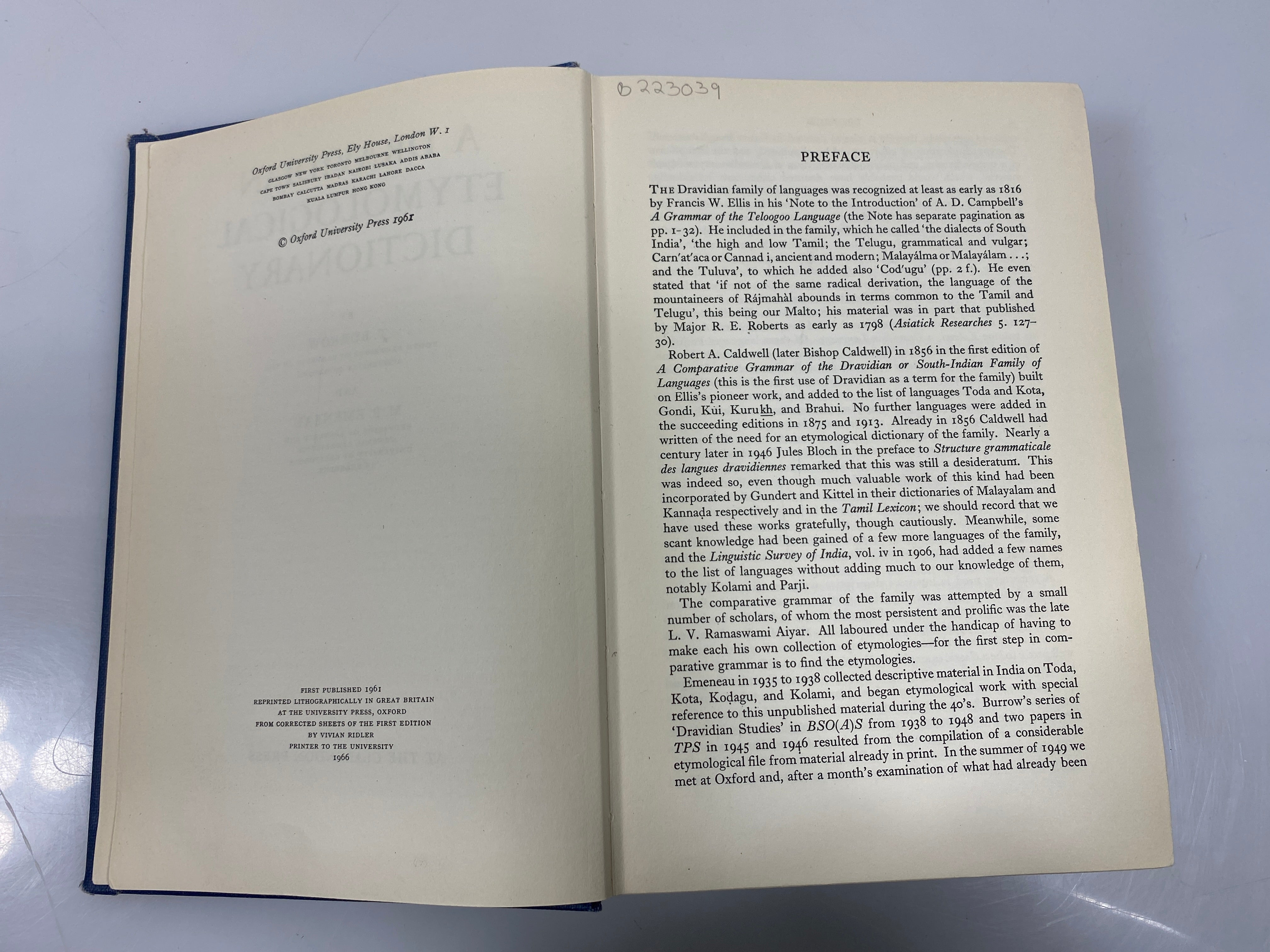 A Dravidian Etymological Dictionary by Burrow/Emeneau Ex-library 1966 HC