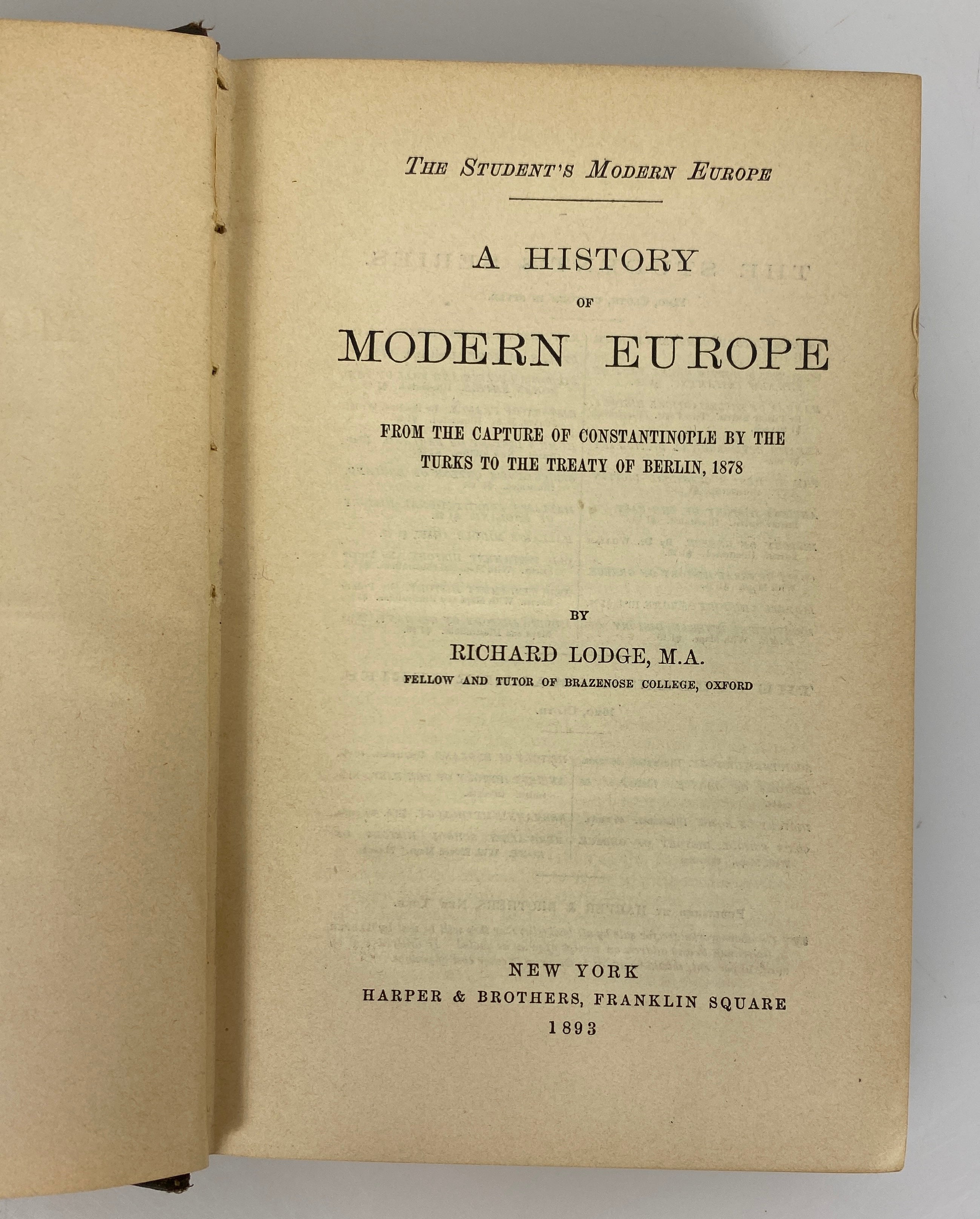 A History of Modern Europe by Richard Lodge 1893 Antique HC