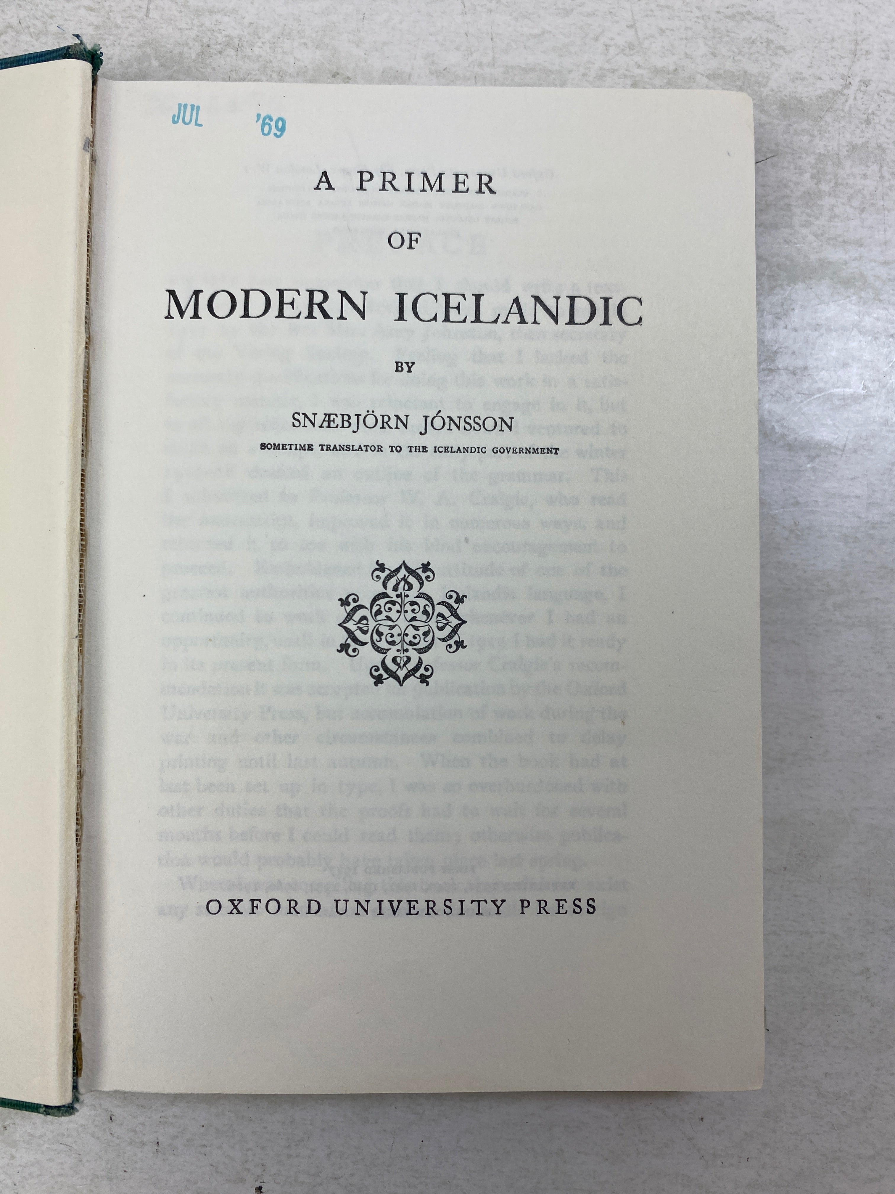 A Primer of Modern Icelandic by Jonsson Ex-library 1966 HC