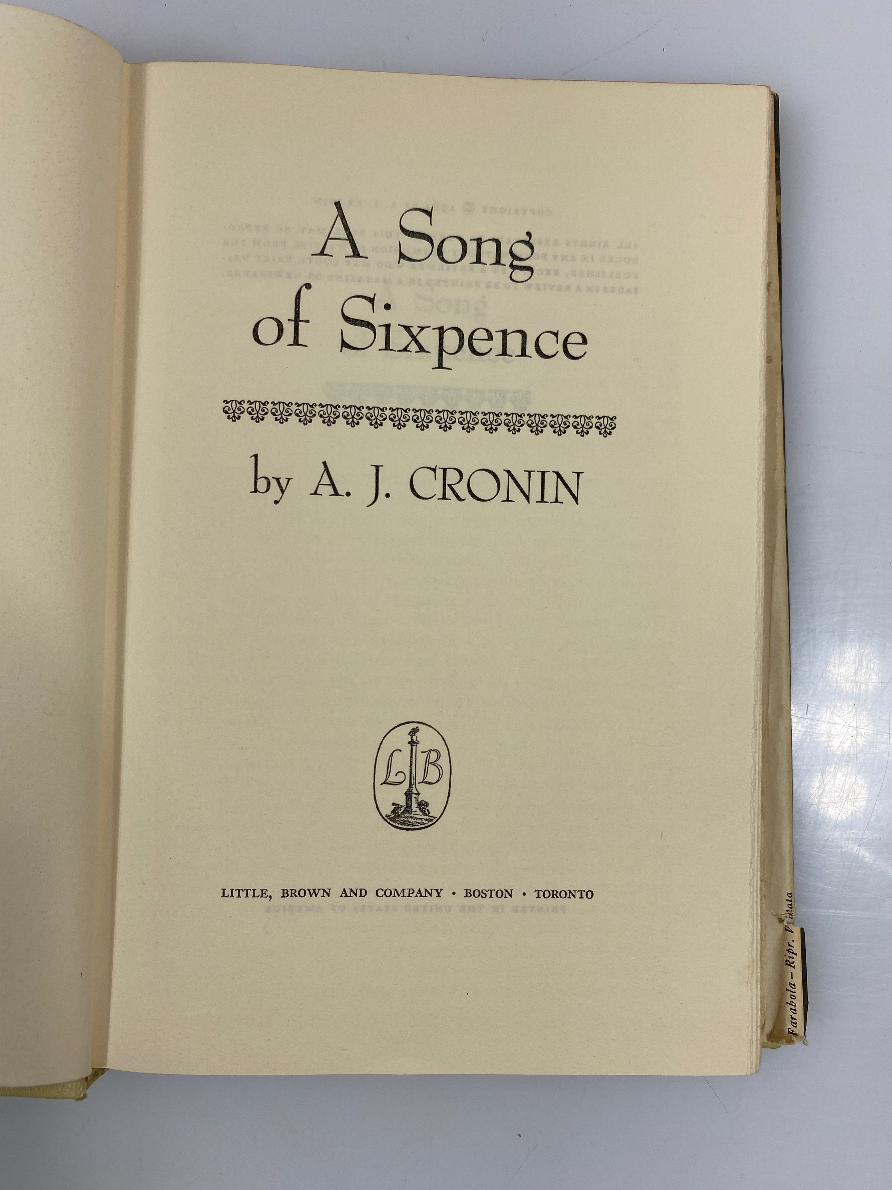 A Song of Sixpence by Cronin 1964 HCDJ