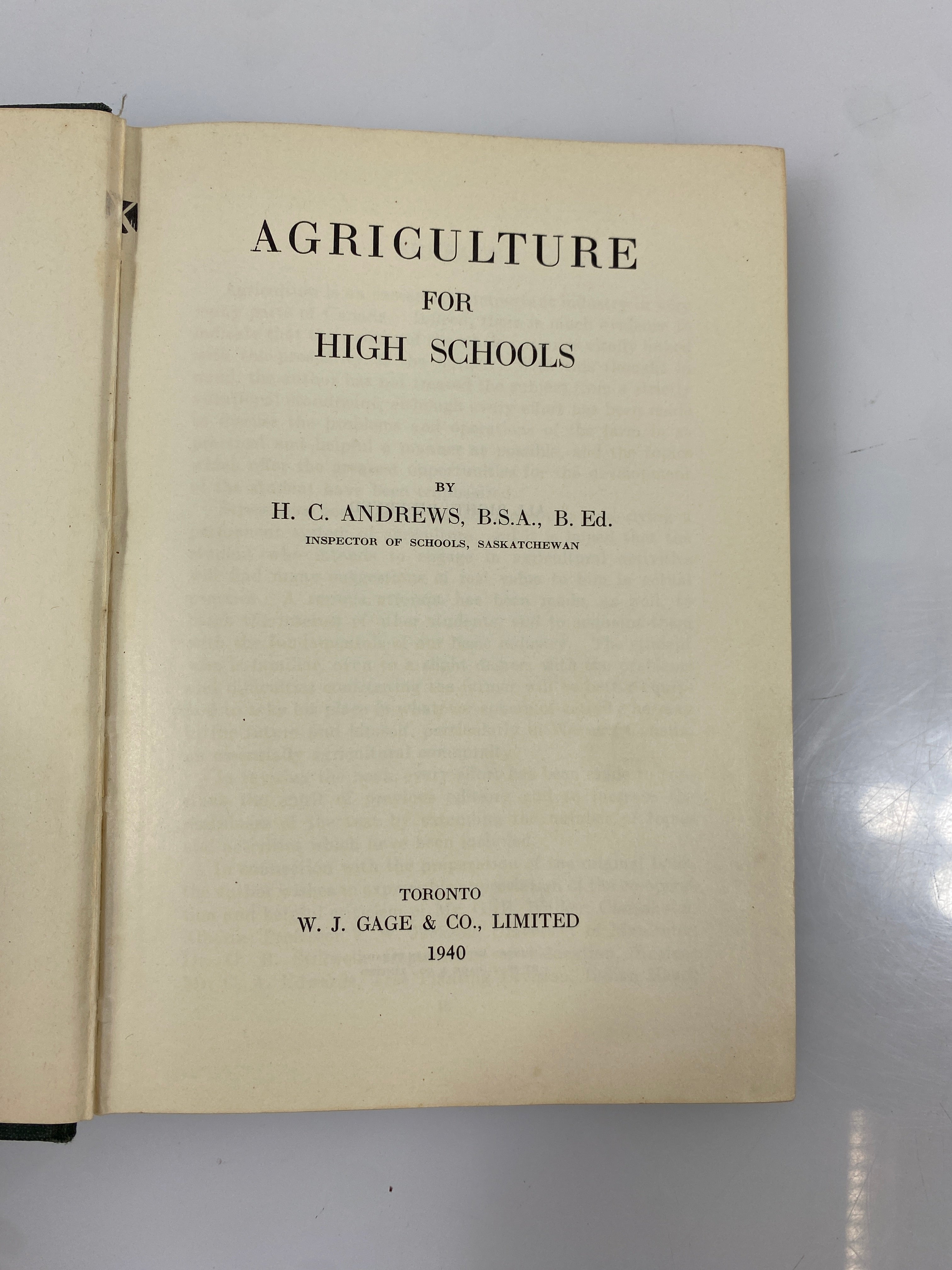 Agriculture for High Schools by H.C. Andrews 1940 Vintage HC Textbook