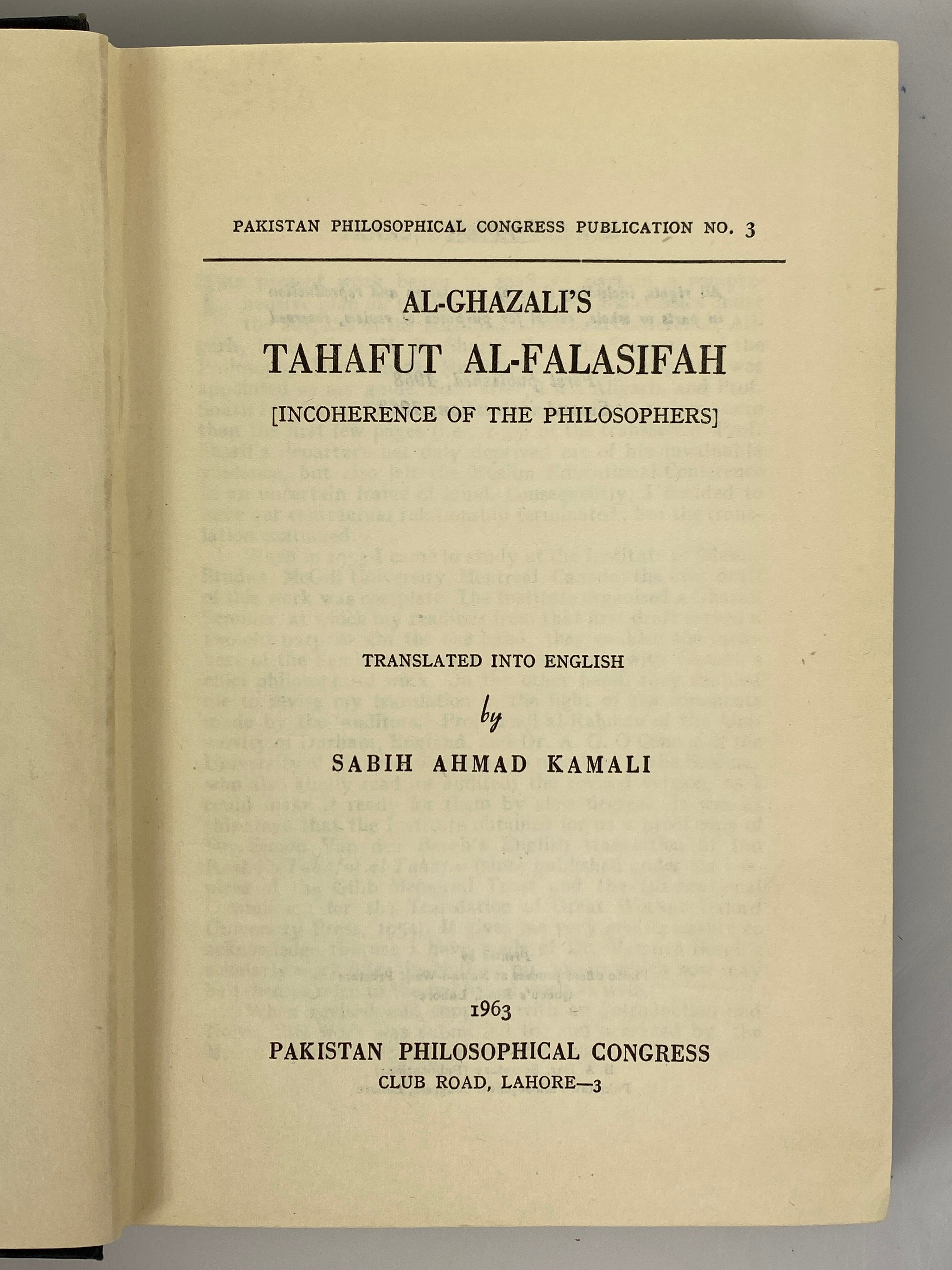 Al-Ghazali's Tahafut Al-Falasifah 1963 Sabih Ahmad Kamali Ex-Library HC