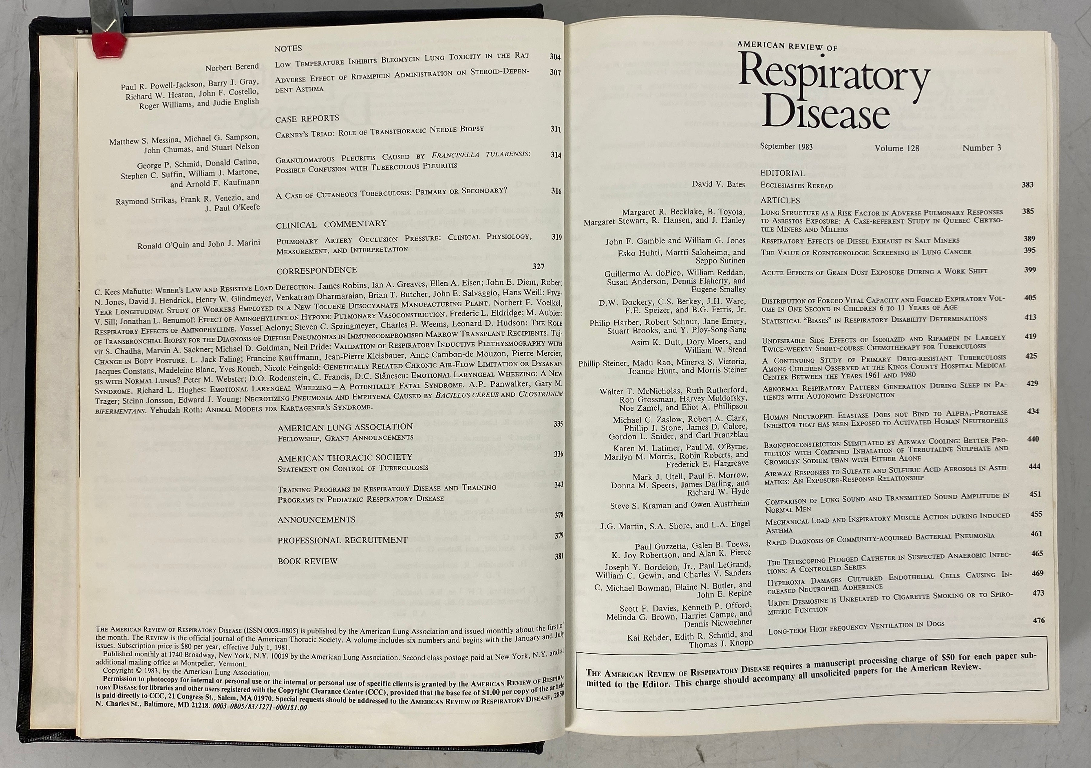 American Review of Respiratory Disease Vol 128 July-Dec 1983 HC