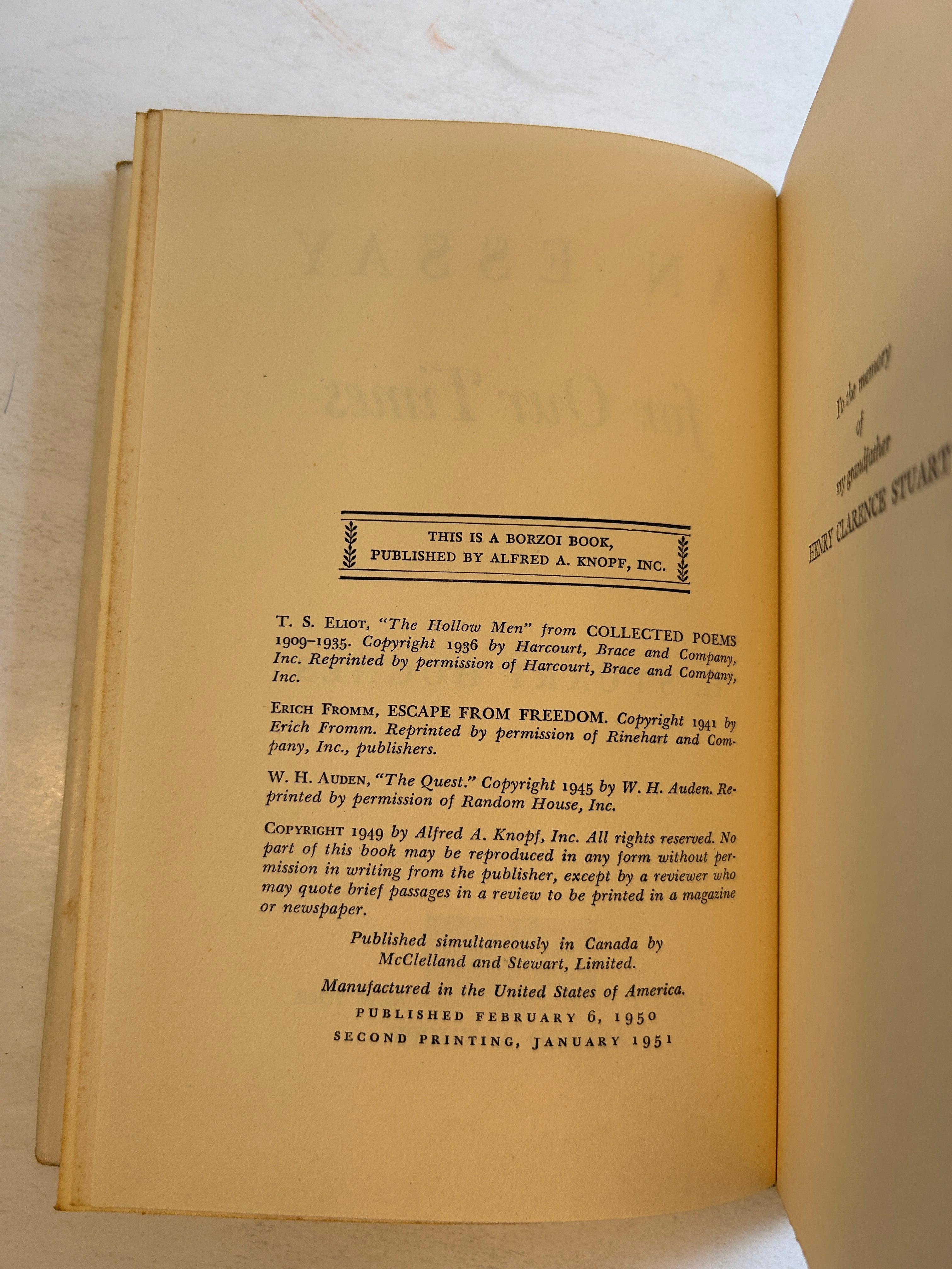 An Essay for Our Times by H. Stuart Hughes 1951 Second Print HCDJ