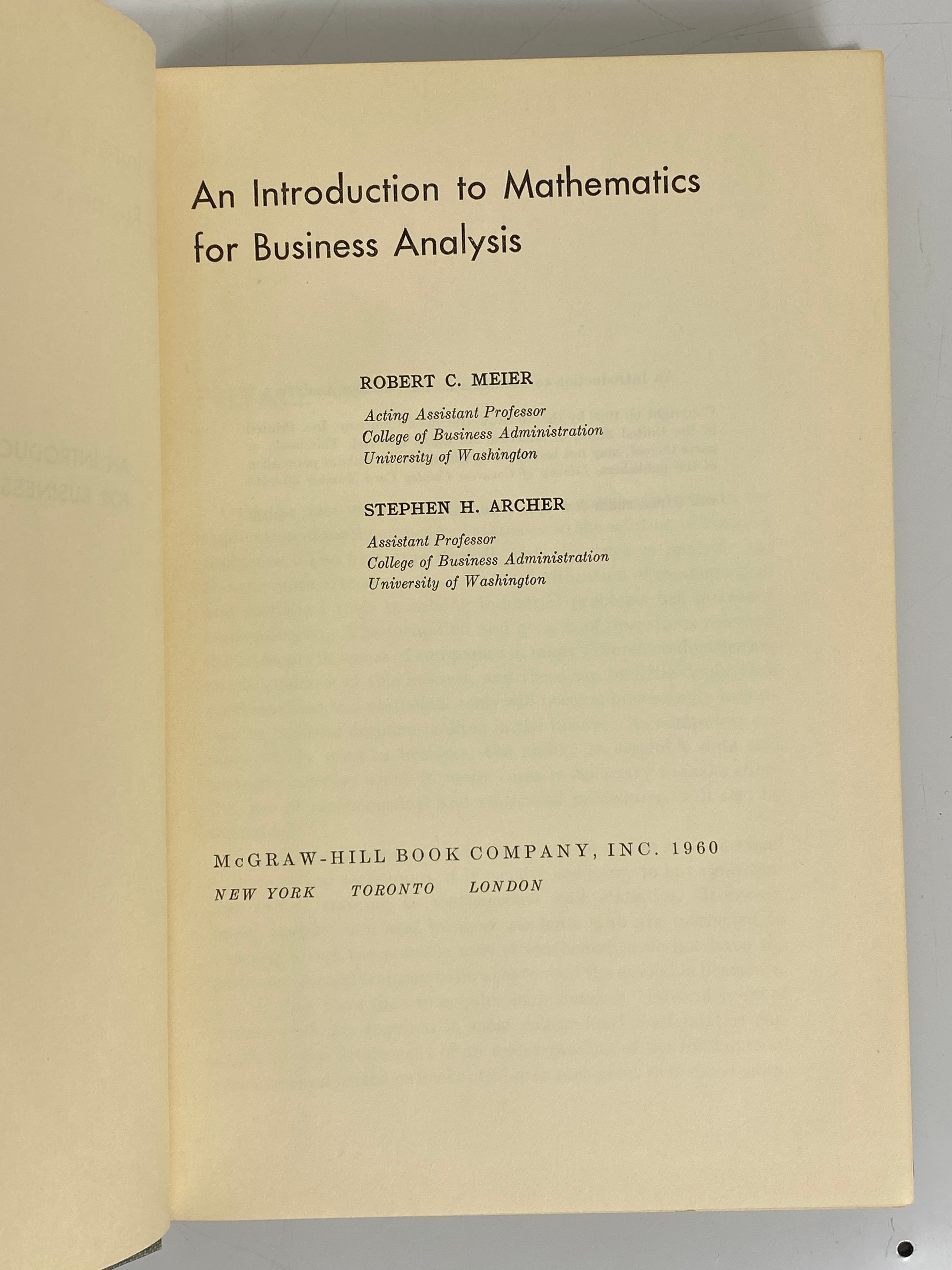 An Introduction to Mathematics for Business Analysis Meier/Archer 1960 HC