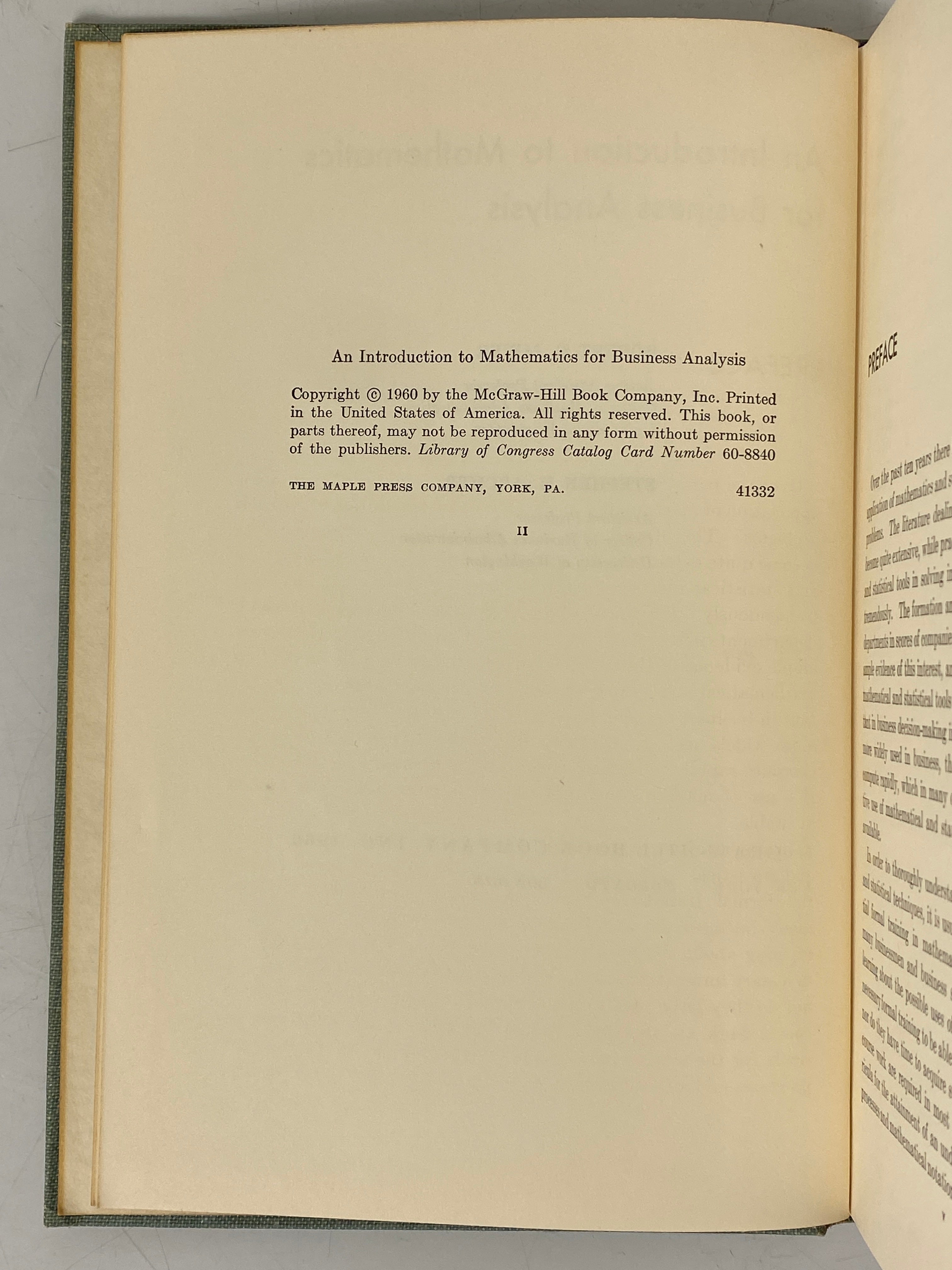 An Introduction to Mathematics for Business Analysis Meier/Archer 1960 HC